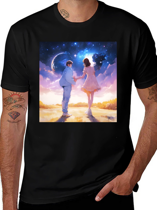Romantic Couple Galaxy Graphic Tee - Black
