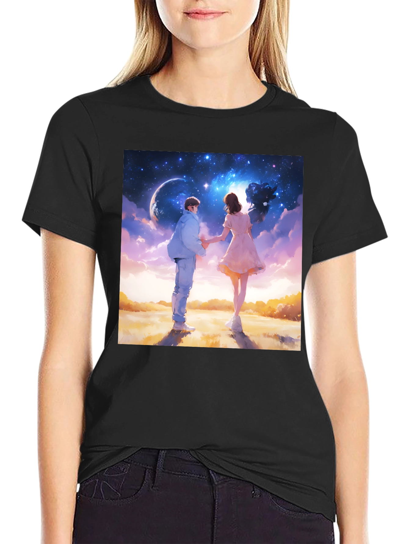 Romantic Couple Galaxy Graphic Tee - Black