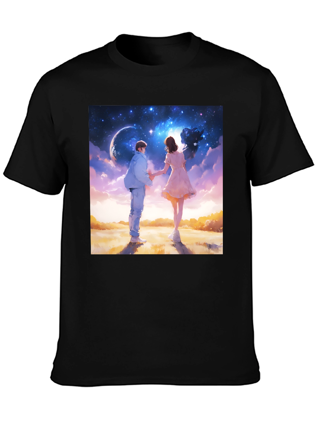 Romantic Couple Galaxy Graphic Tee - Black
