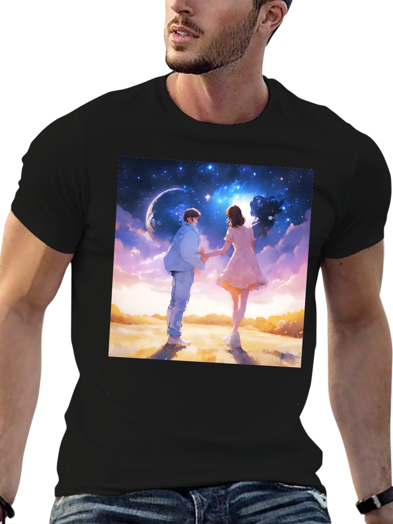 Romantic Couple Galaxy Graphic Tee - Black