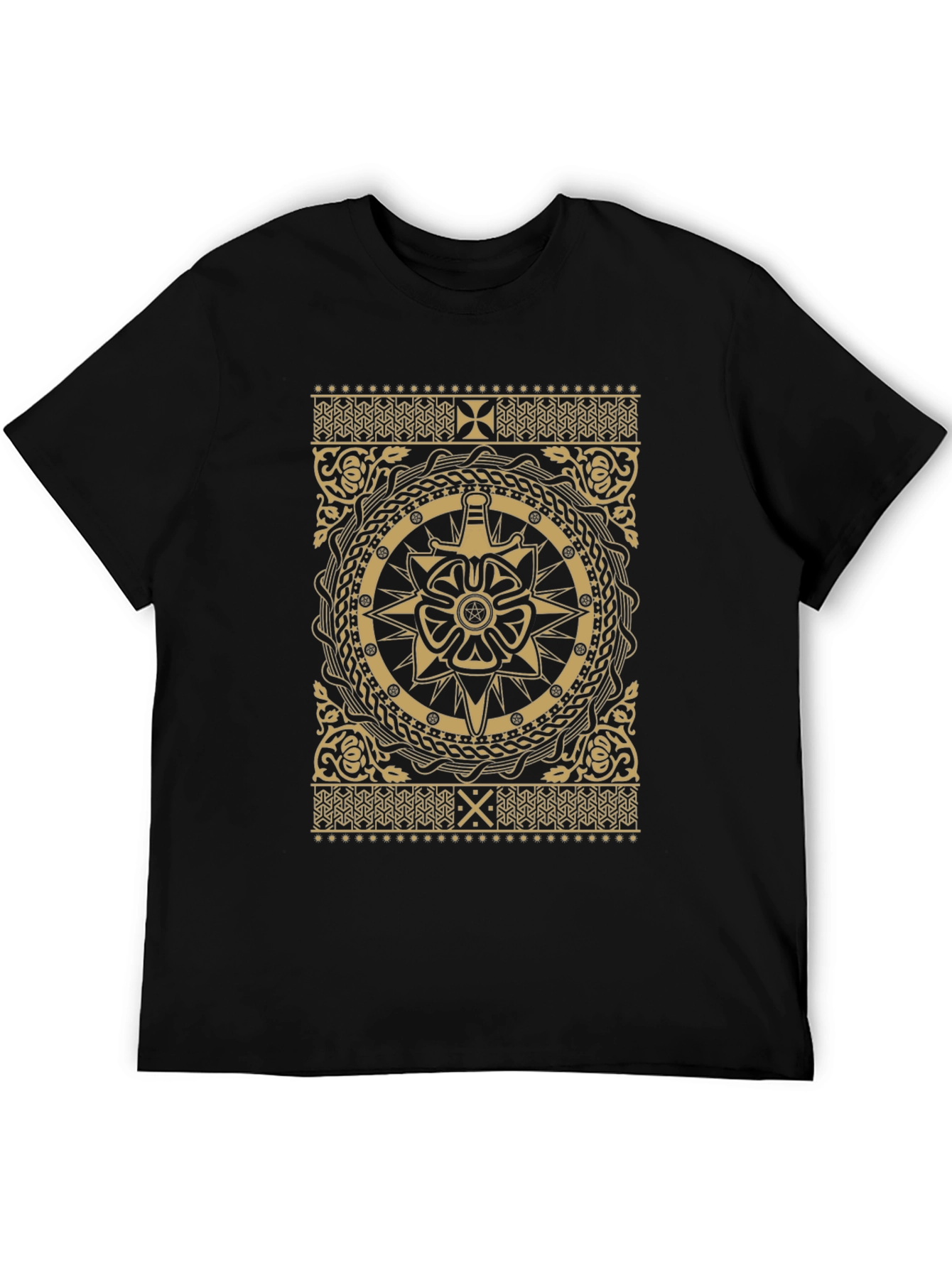 Ornate Black T-Shirt with Gold Medieval Design