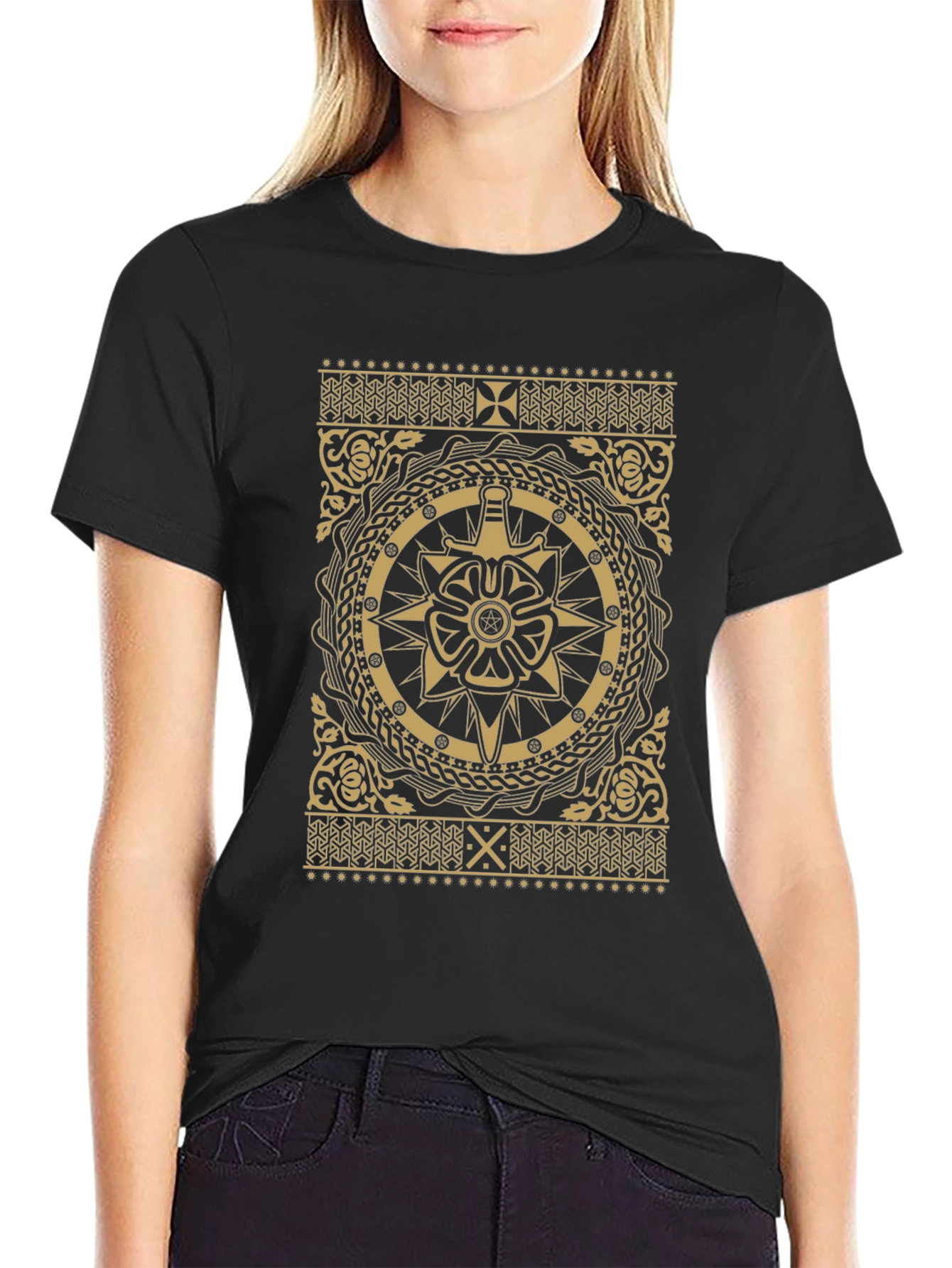 Ornate Black T-Shirt with Gold Medieval Design