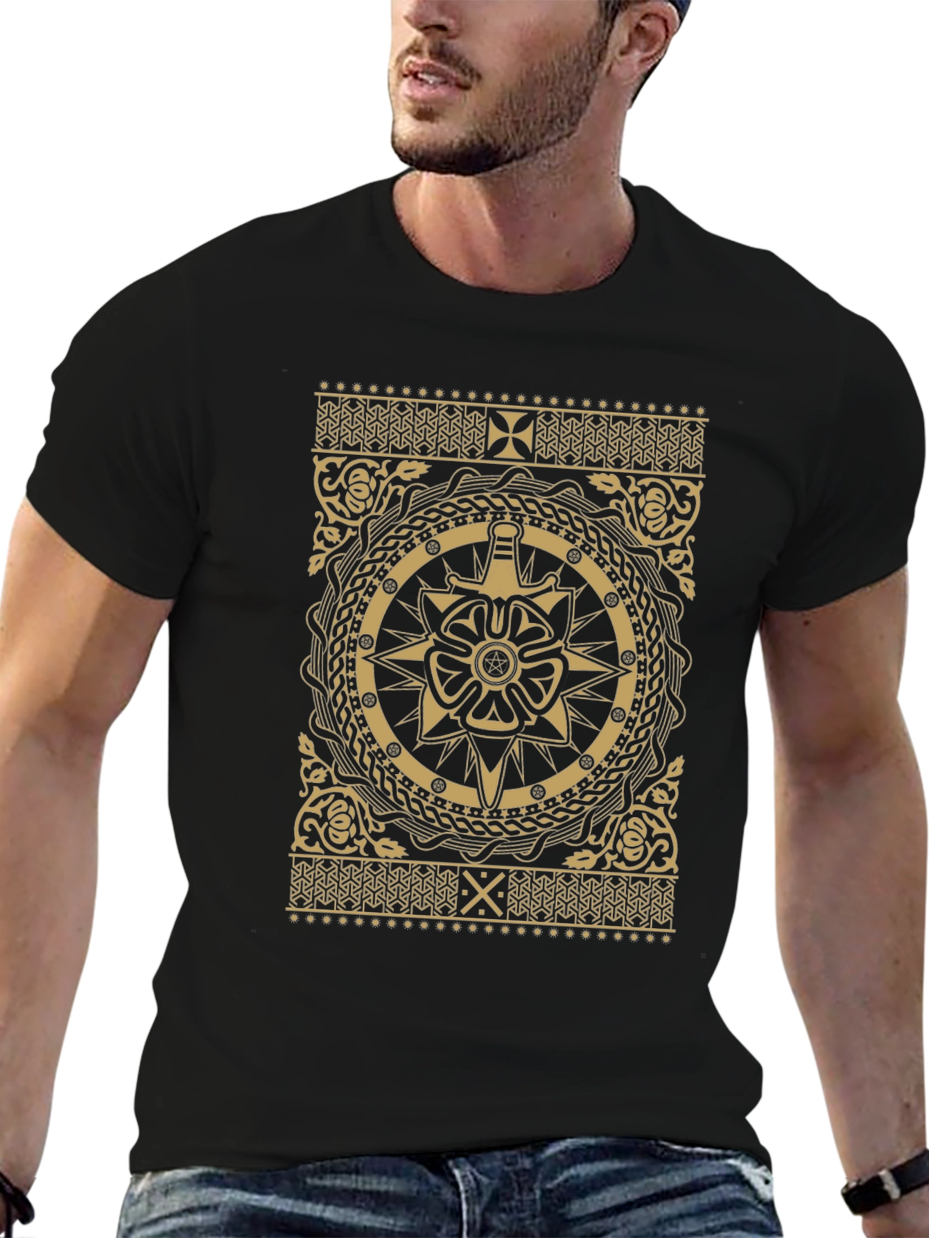 Ornate Black T-Shirt with Gold Medieval Design