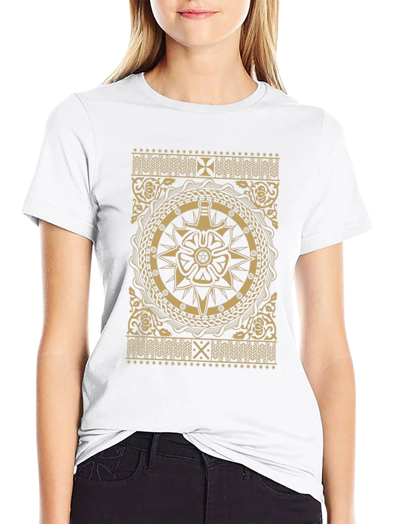 Ornate Black T-Shirt with Gold Medieval Design