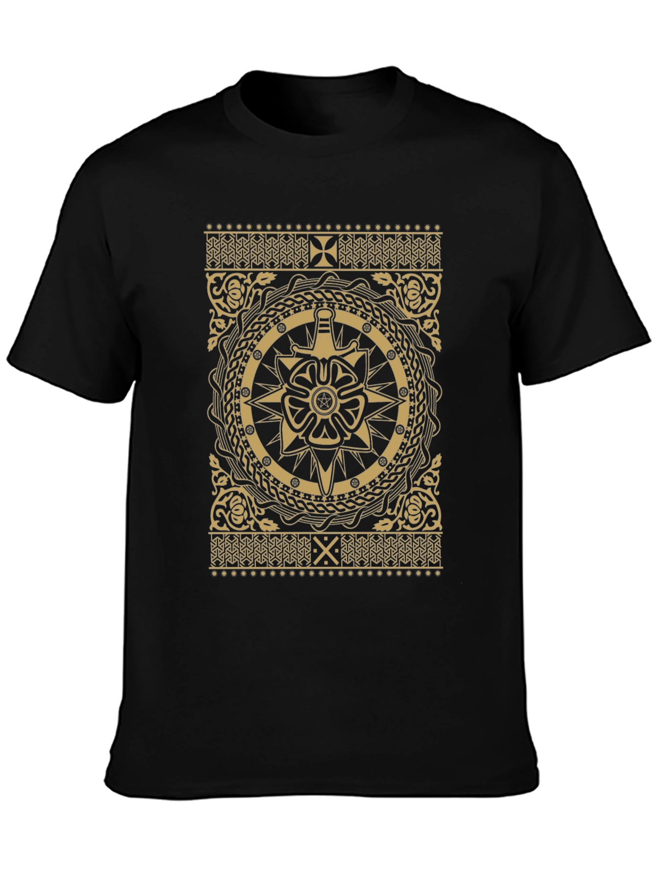 Ornate Black T-Shirt with Gold Medieval Design