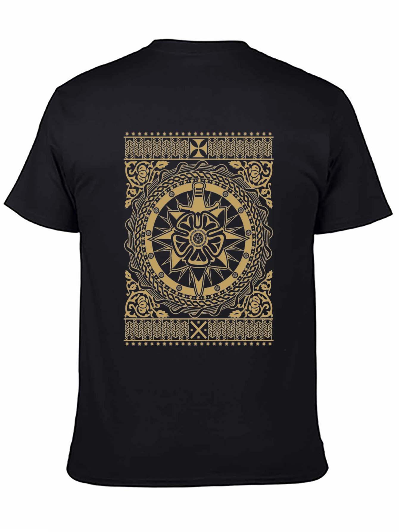 Ornate Black T-Shirt with Gold Medieval Design