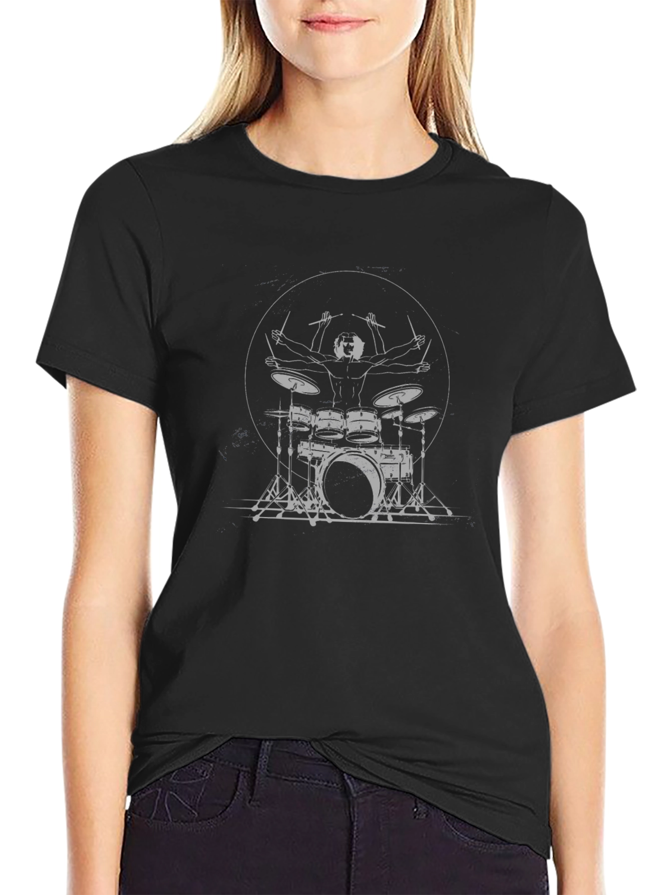 Drummer Silhouette Graphic Tee - Black Cotton T-Shirt