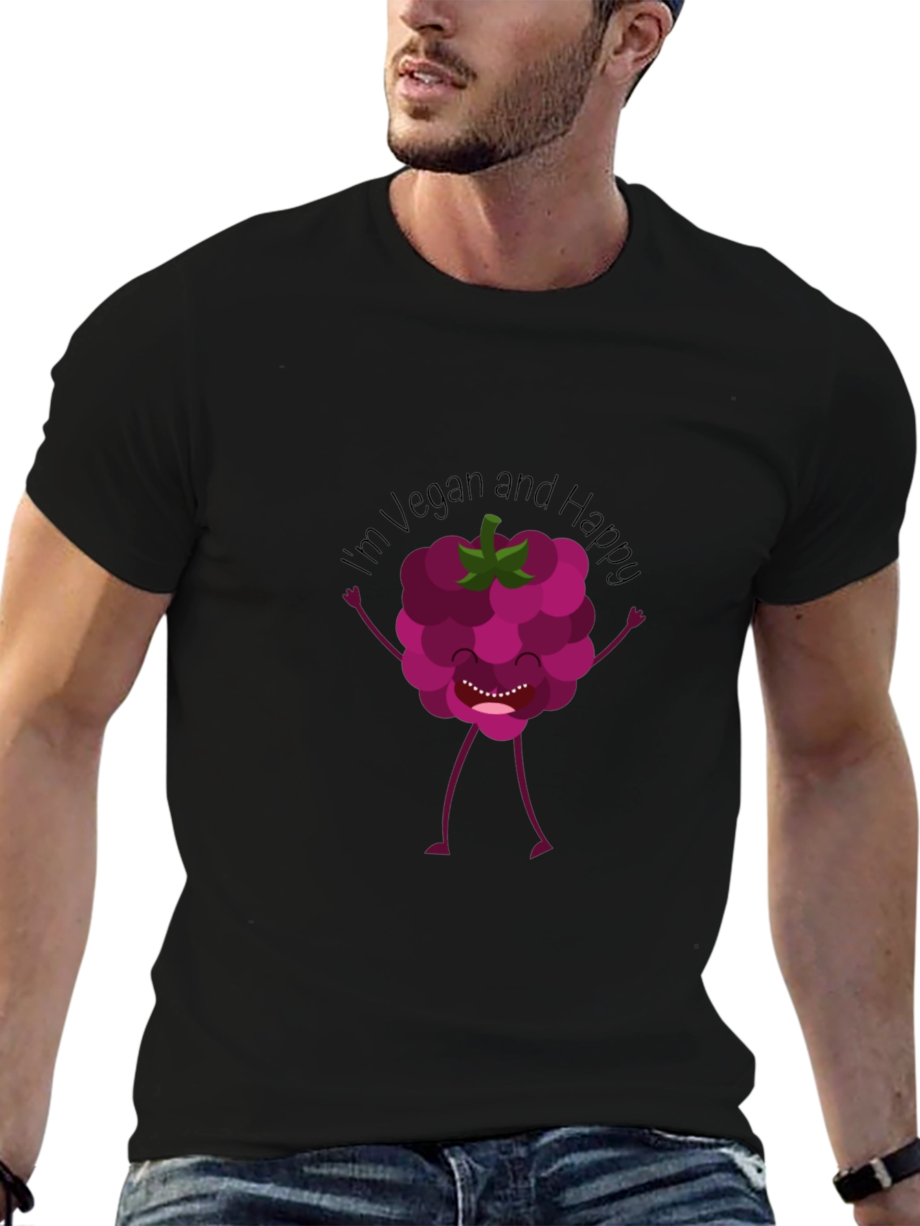 Vegan Raspberry Graphic Tee - Black Crew Neck
