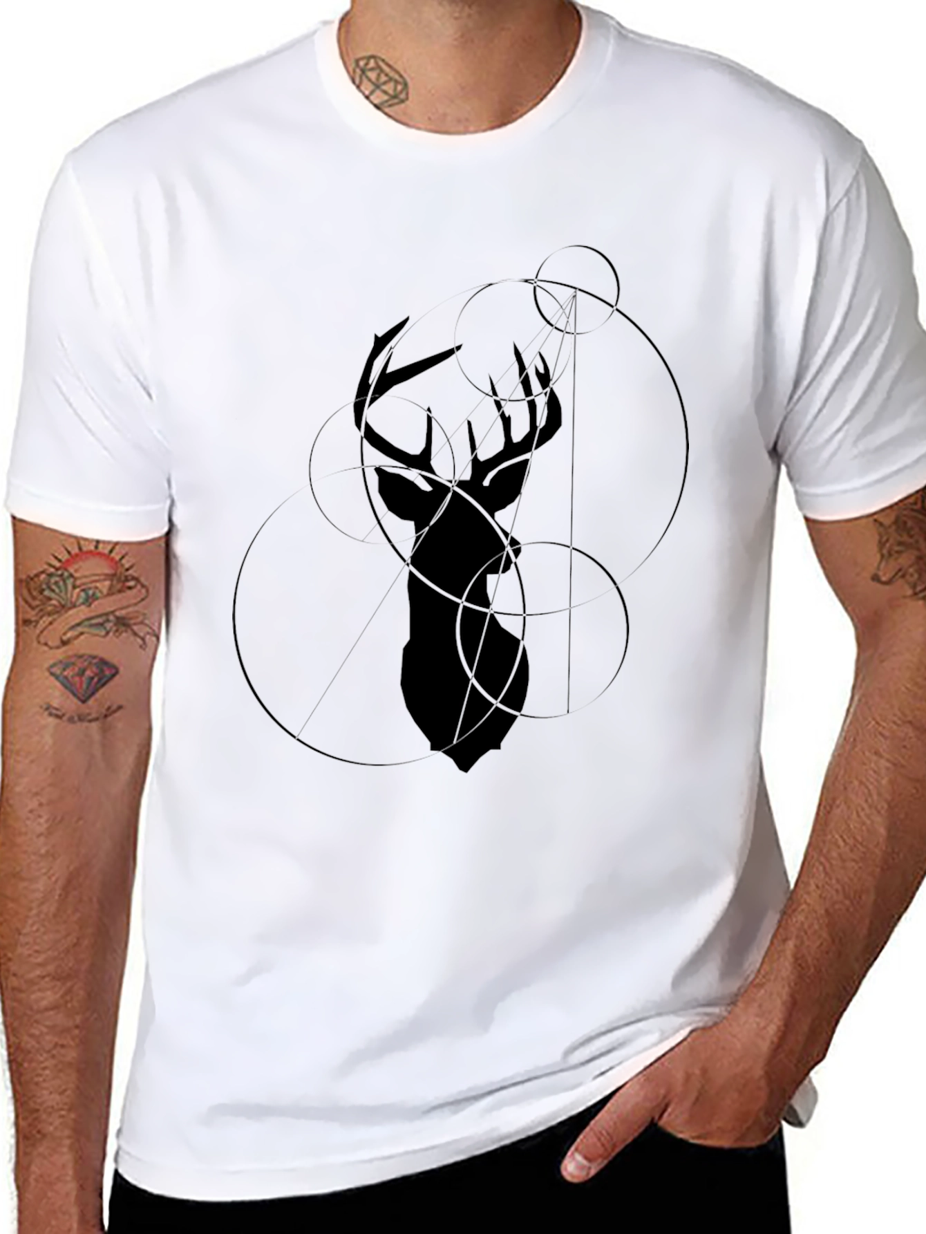 Geometric Deer Head Graphic Black T-Shirt