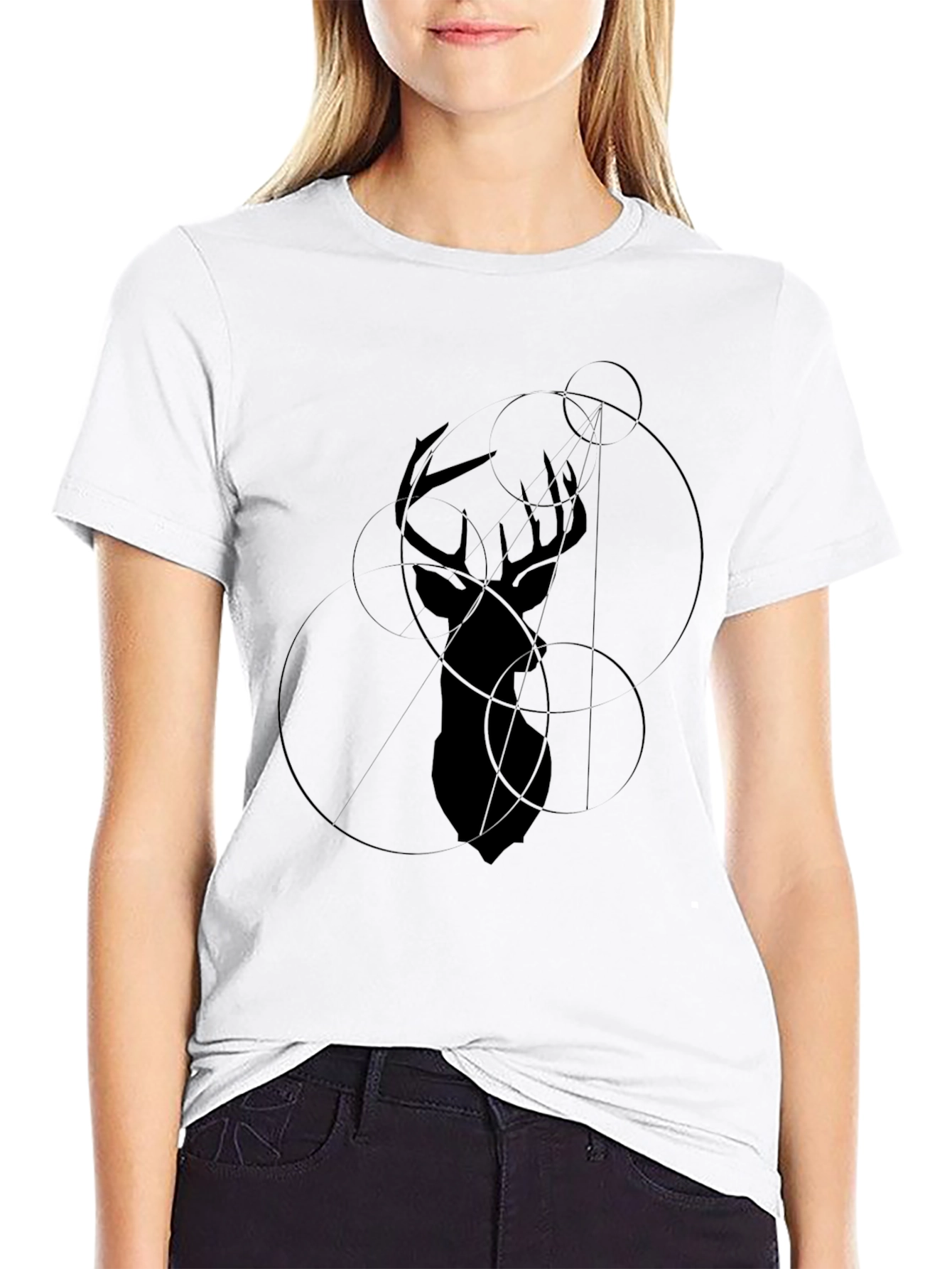 Geometric Deer Head Graphic Black T-Shirt