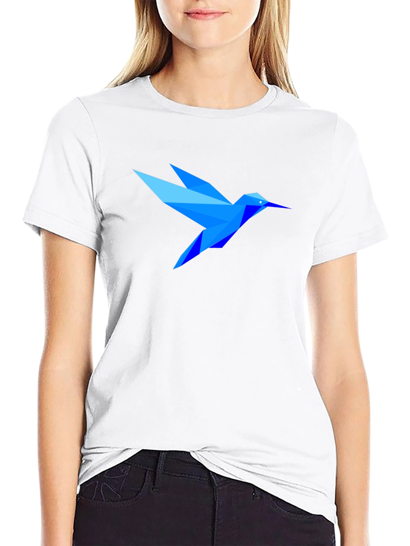Geometric Blue Hummingbird Black T-Shirt
