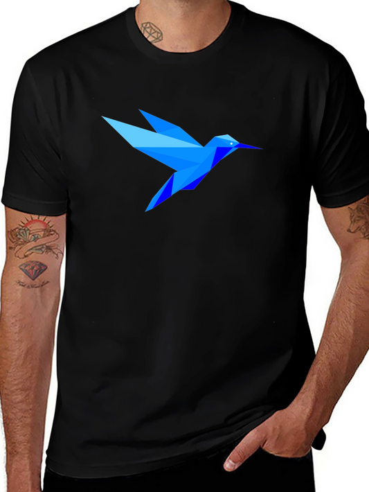 Geometric Blue Hummingbird Black T-Shirt
