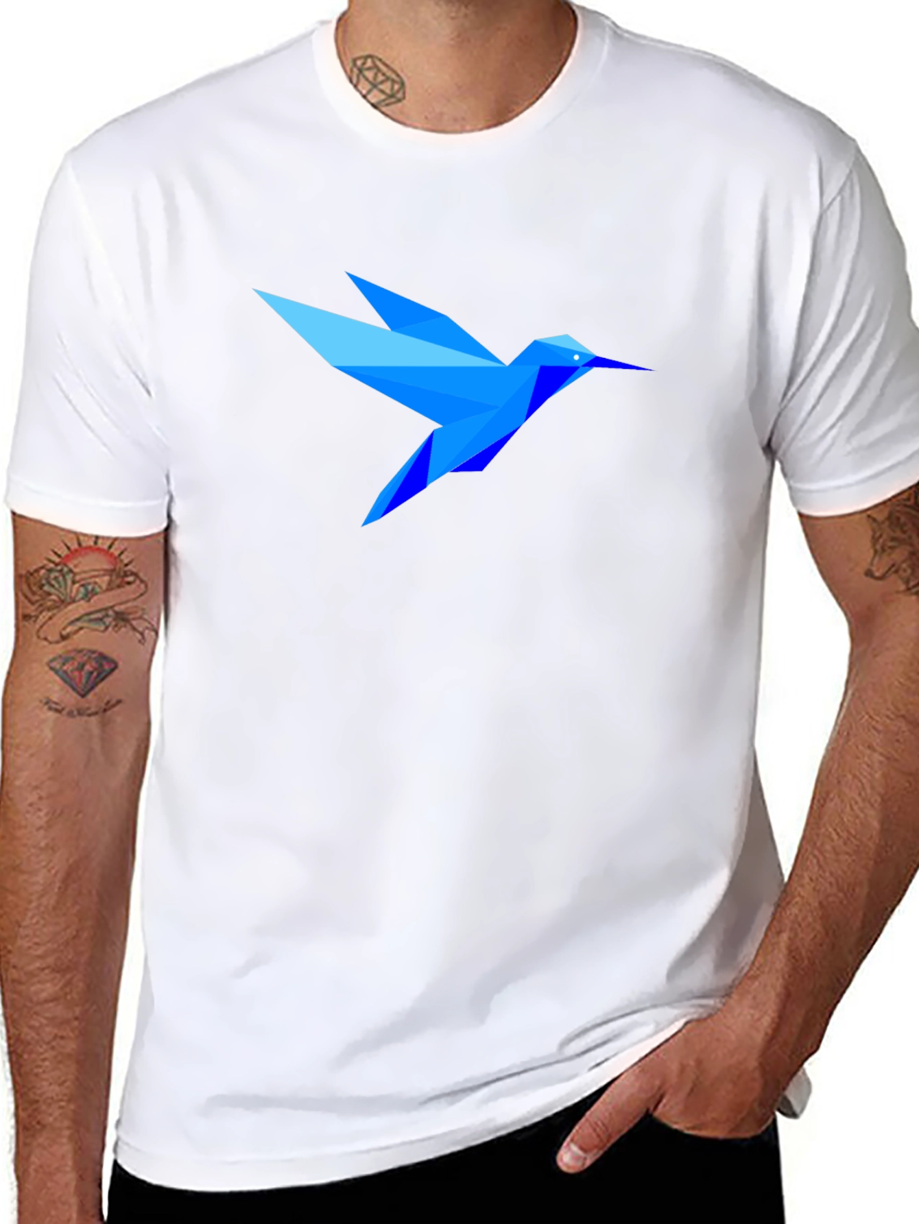 Geometric Blue Hummingbird Black T-Shirt