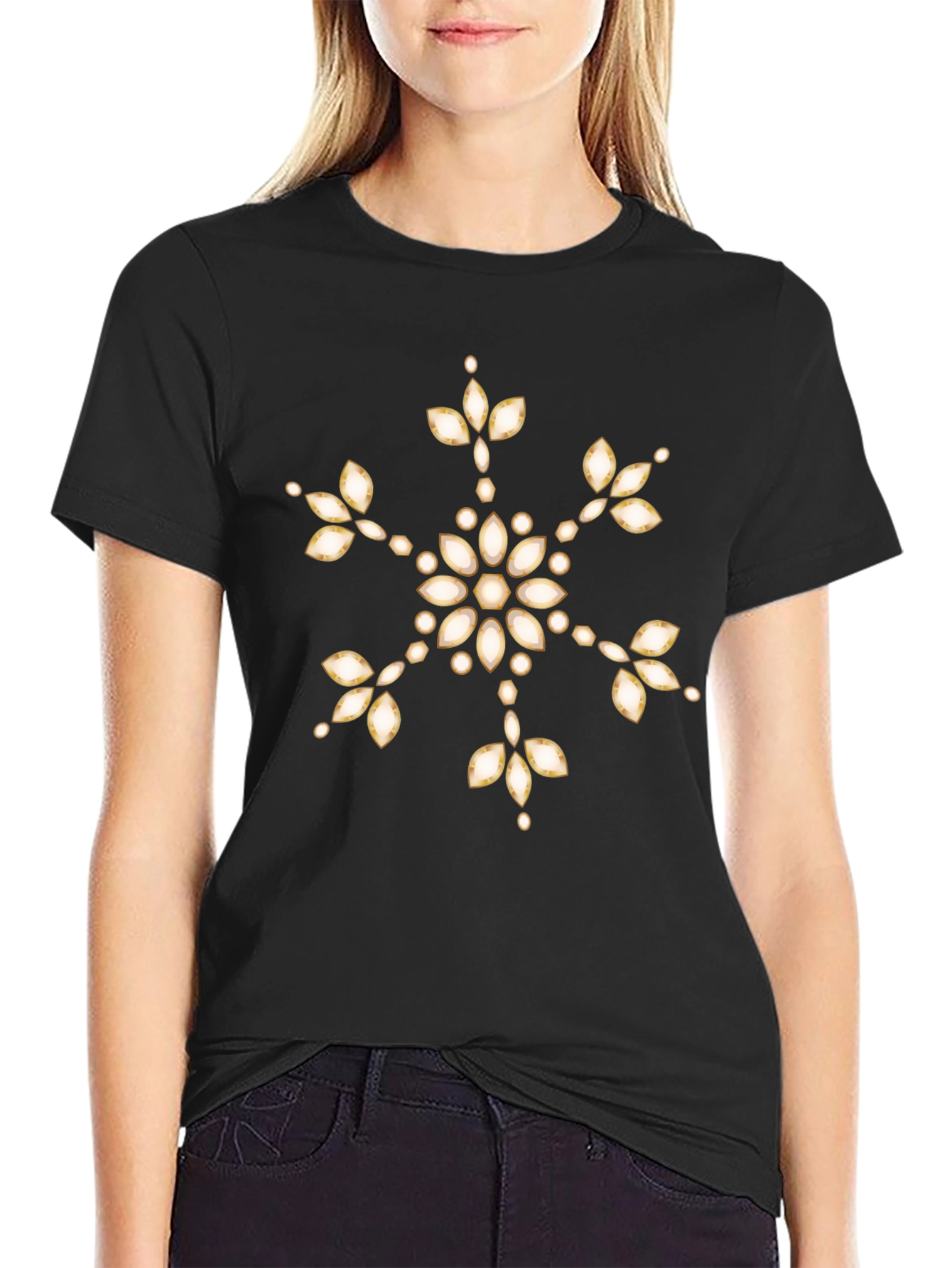Elegant Snowflake Graphic Tee - Black Casual Shirt