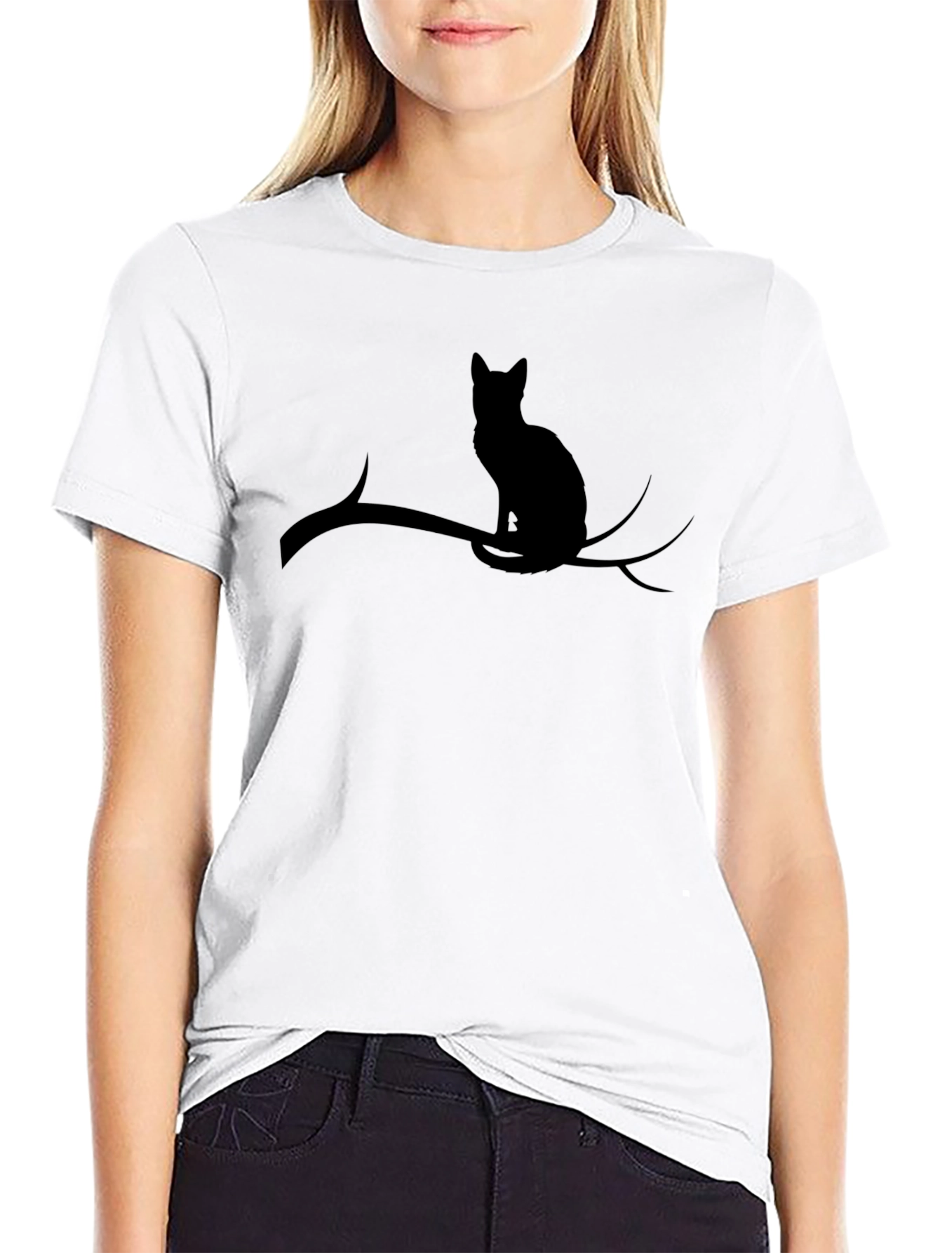 Cat on Branch Black T-Shirt - Unique Design