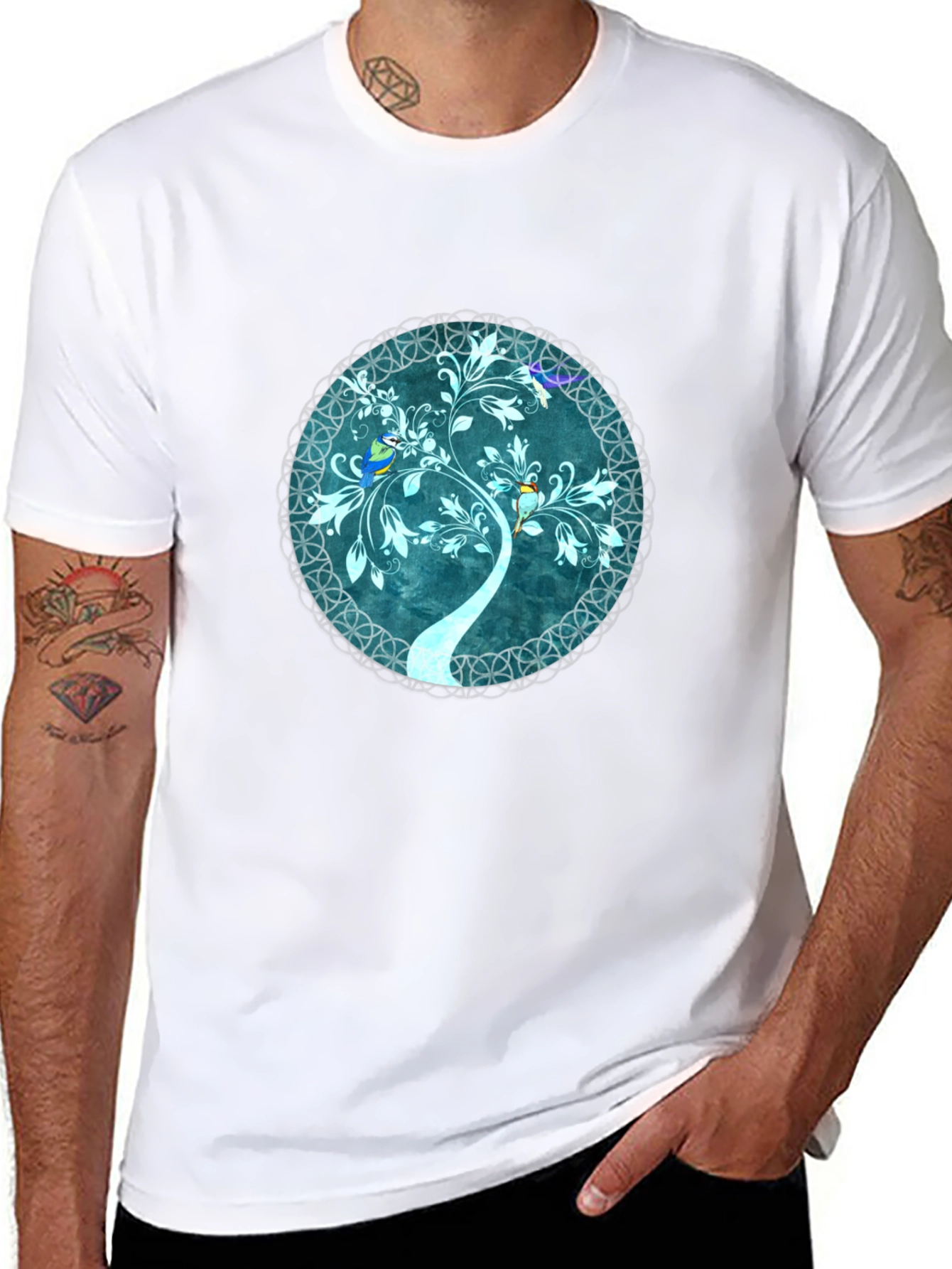 Nature Tree Birds Graphic Black T-Shirt
