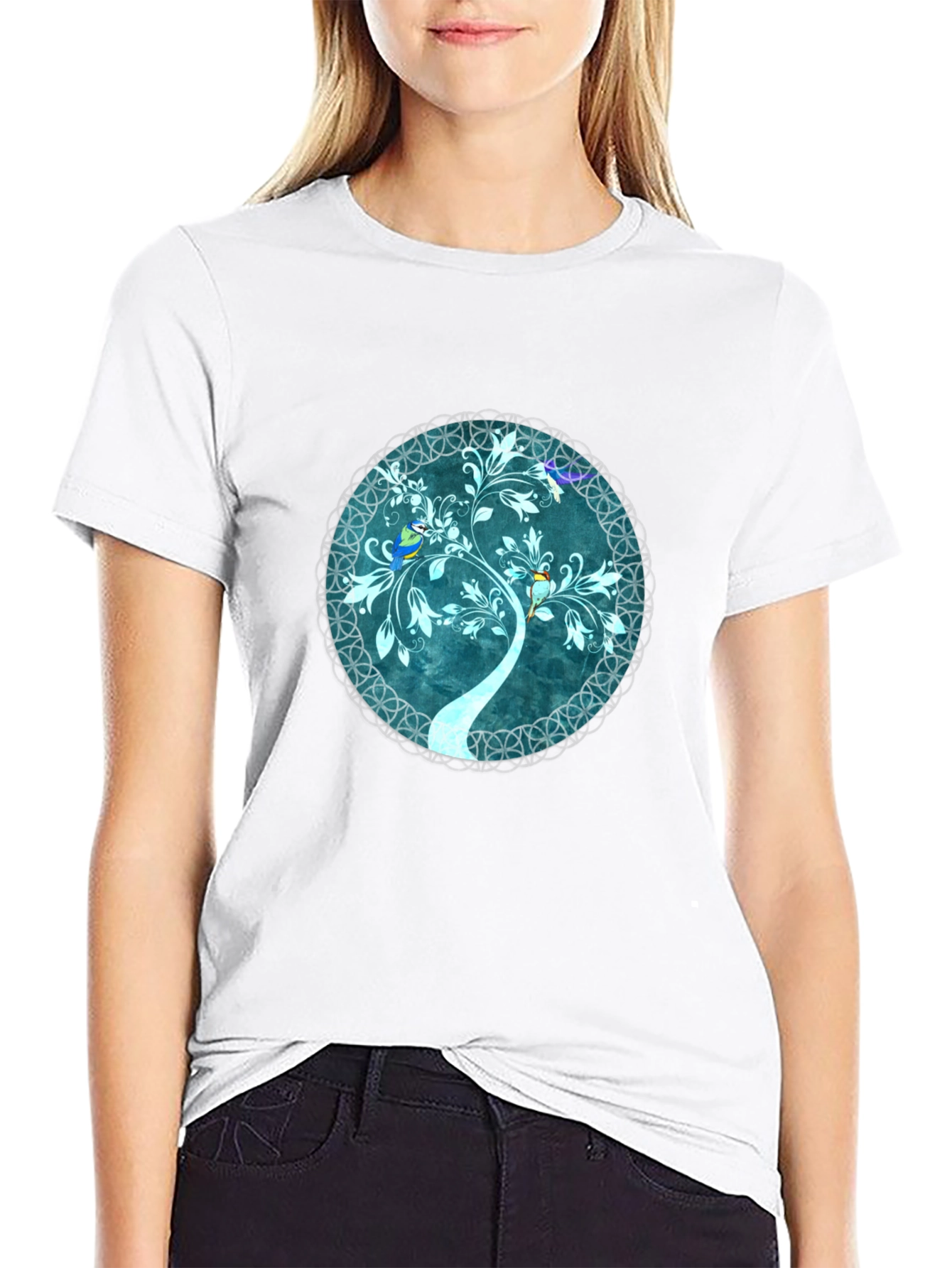 Nature Tree Birds Graphic Black T-Shirt
