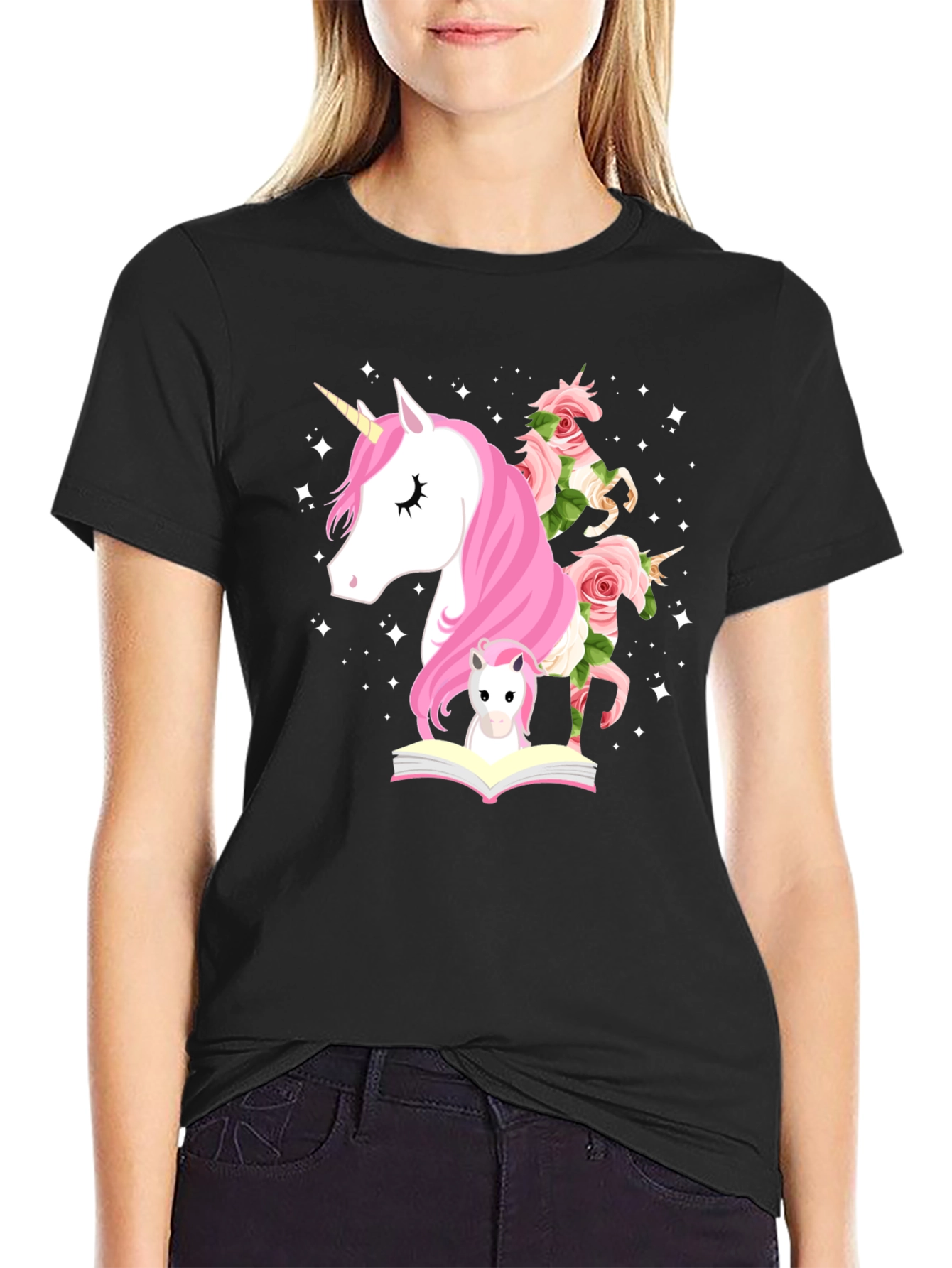 Unicorn & Flowers Graphic Black Tee