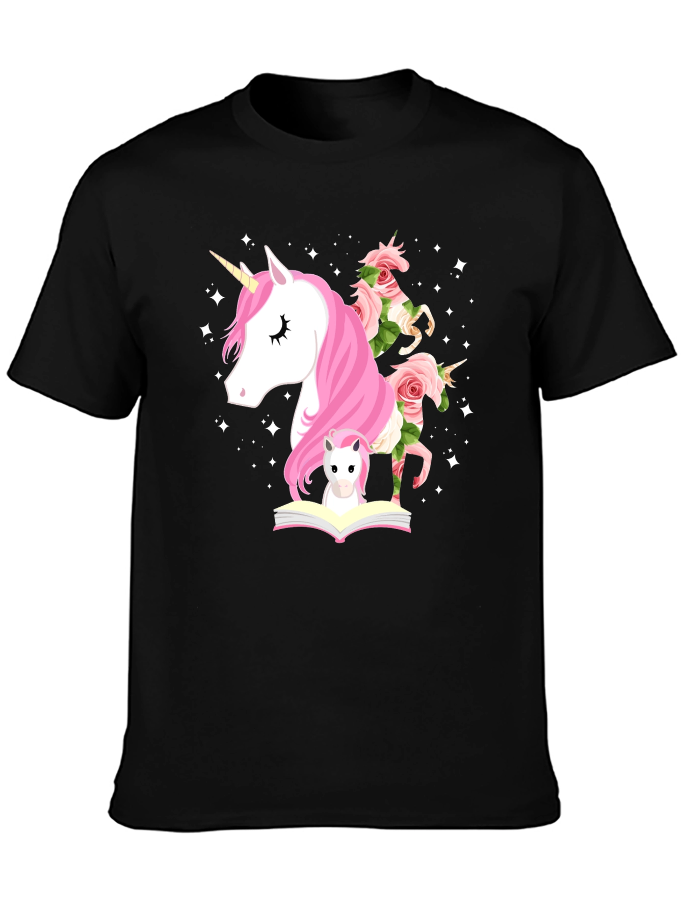 Unicorn & Flowers Graphic Black Tee