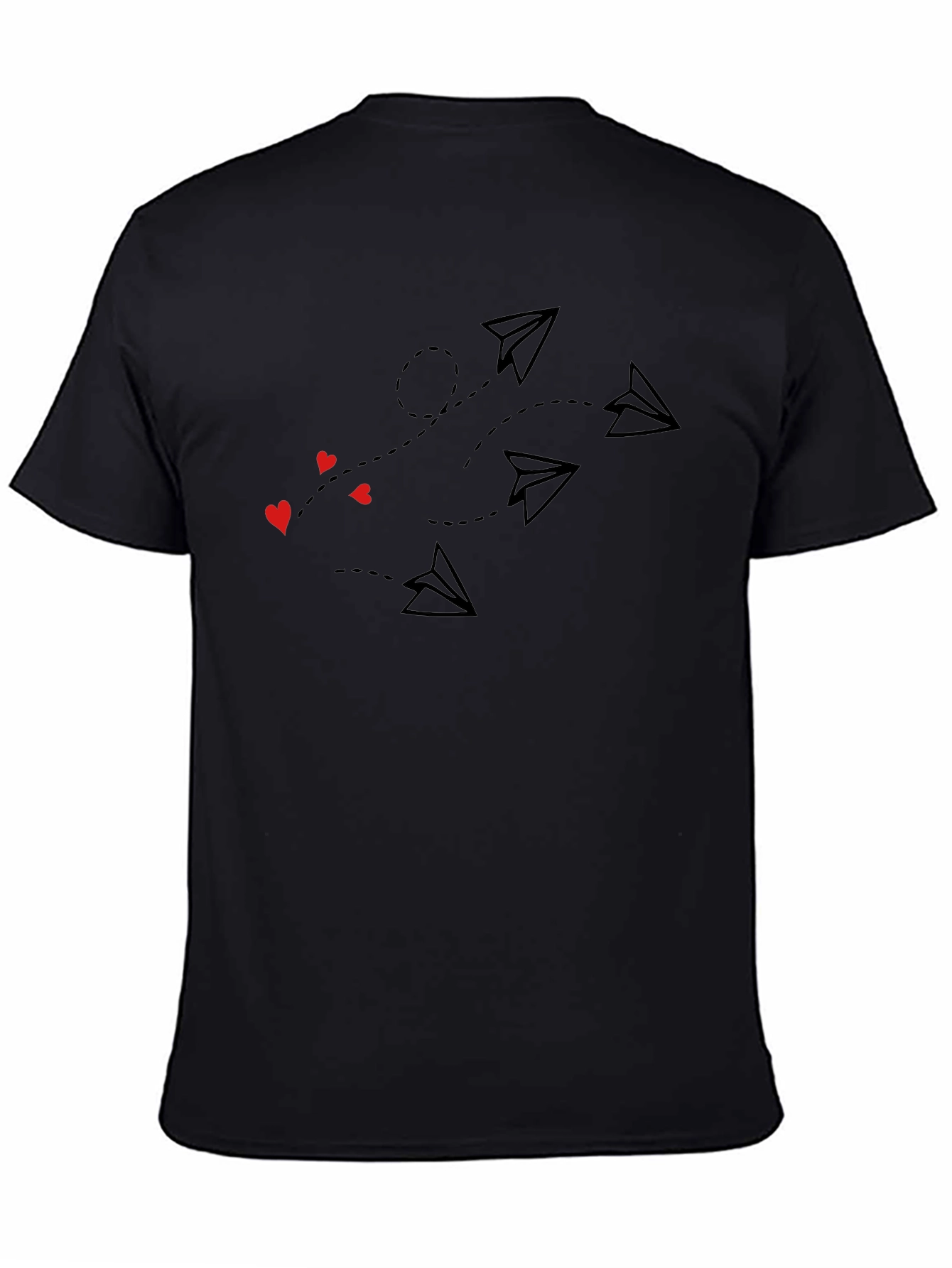 Paper Airplane & Heart Print Black T-Shirt
