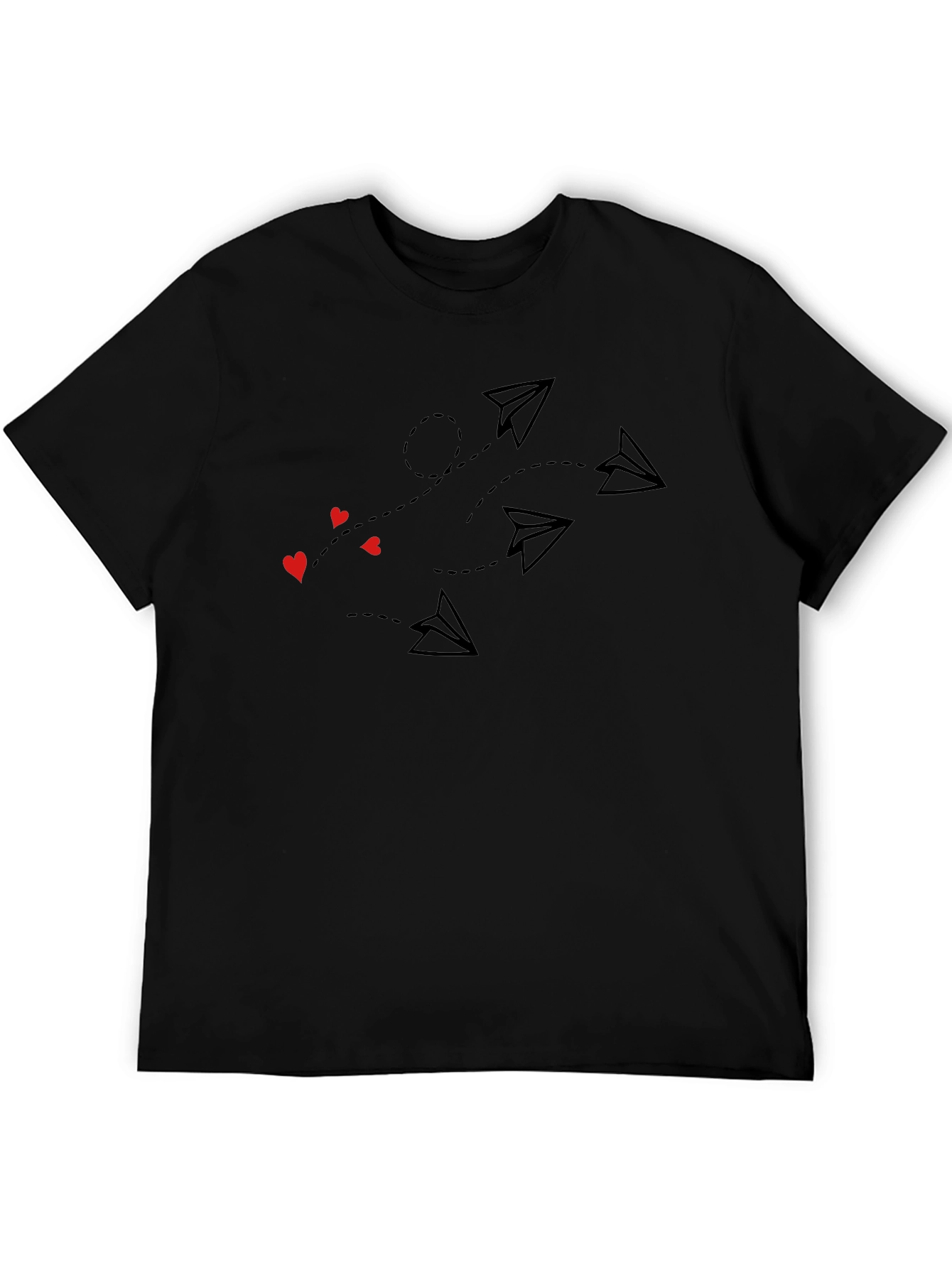 Paper Airplane & Heart Print Black T-Shirt