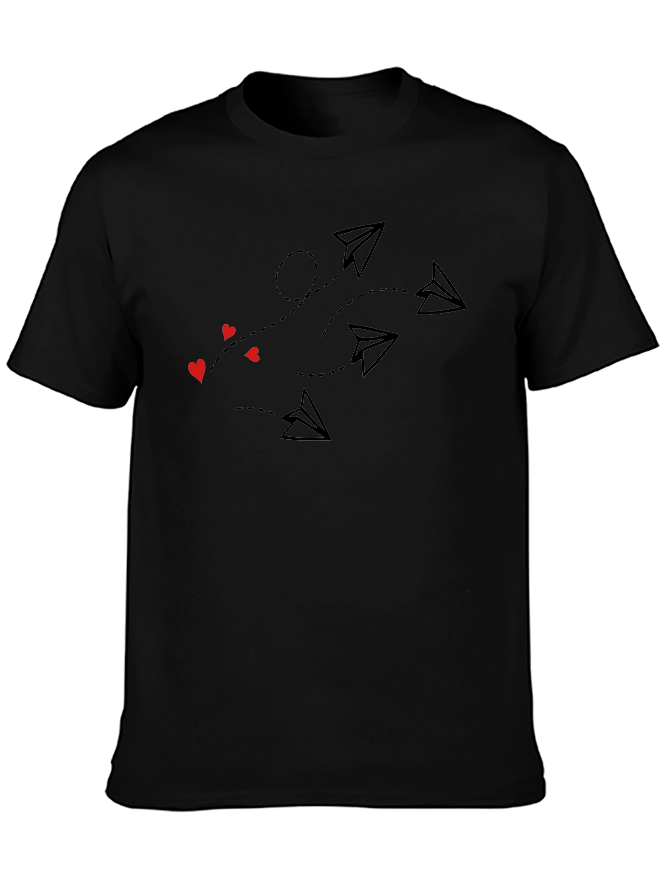 Paper Airplane & Heart Print Black T-Shirt