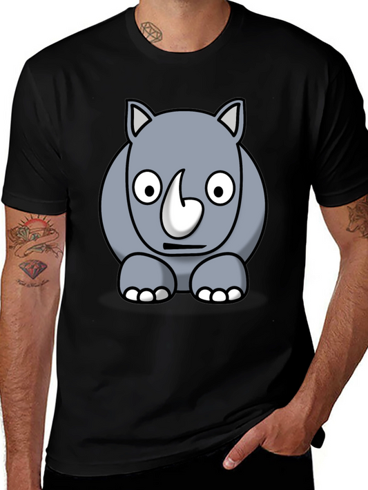 Cartoon Rhino Graphic Tee - Black Cotton T-Shirt