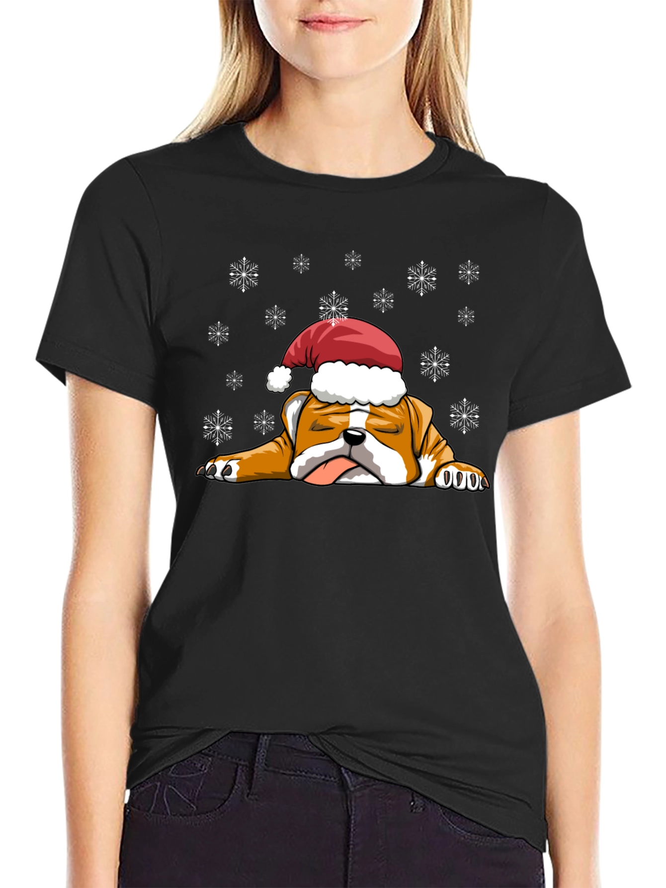 Bulldog Christmas T-Shirt - Santa Hat Cute Dog Tee