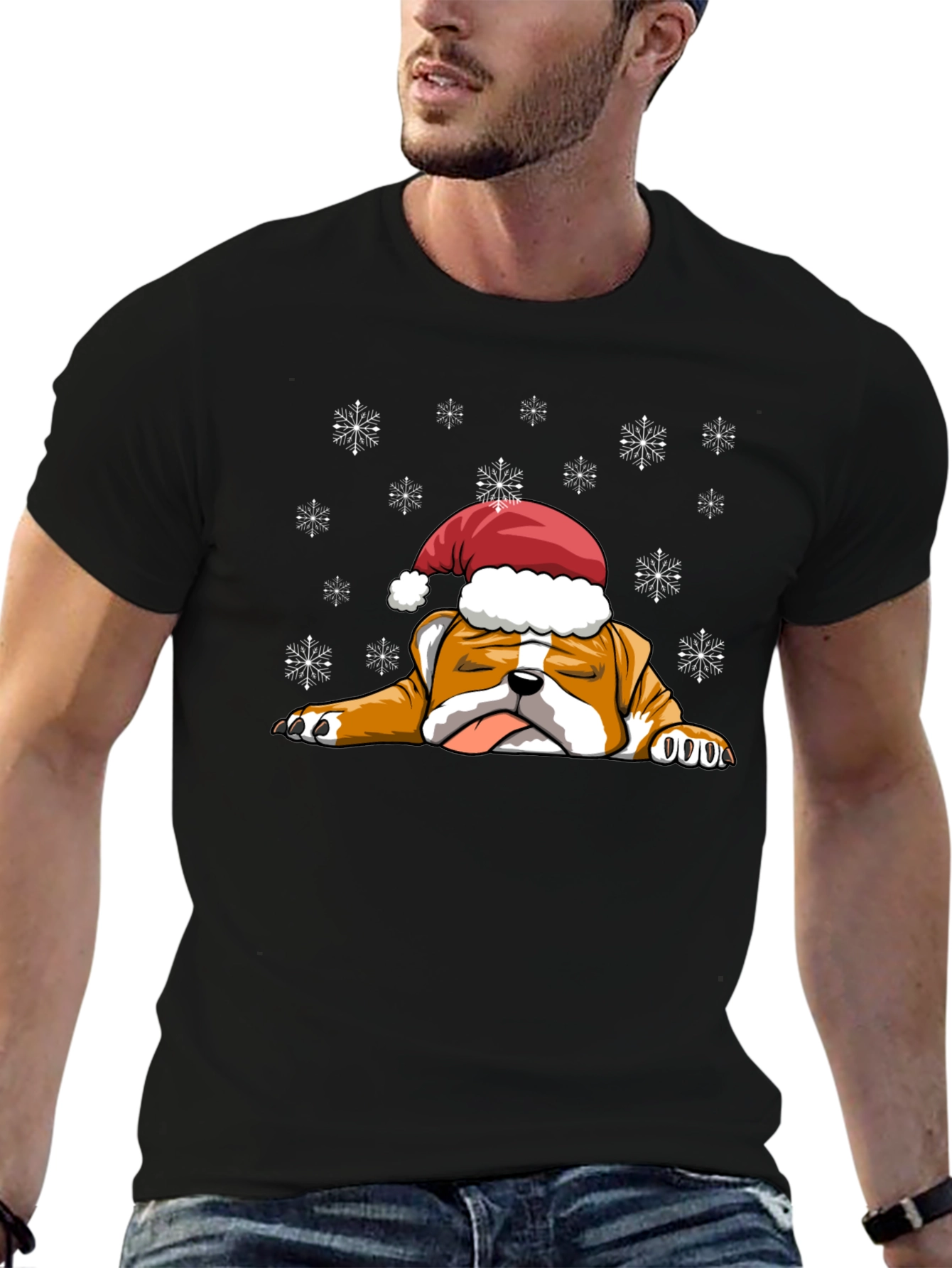 Bulldog Christmas T-Shirt - Santa Hat Cute Dog Tee