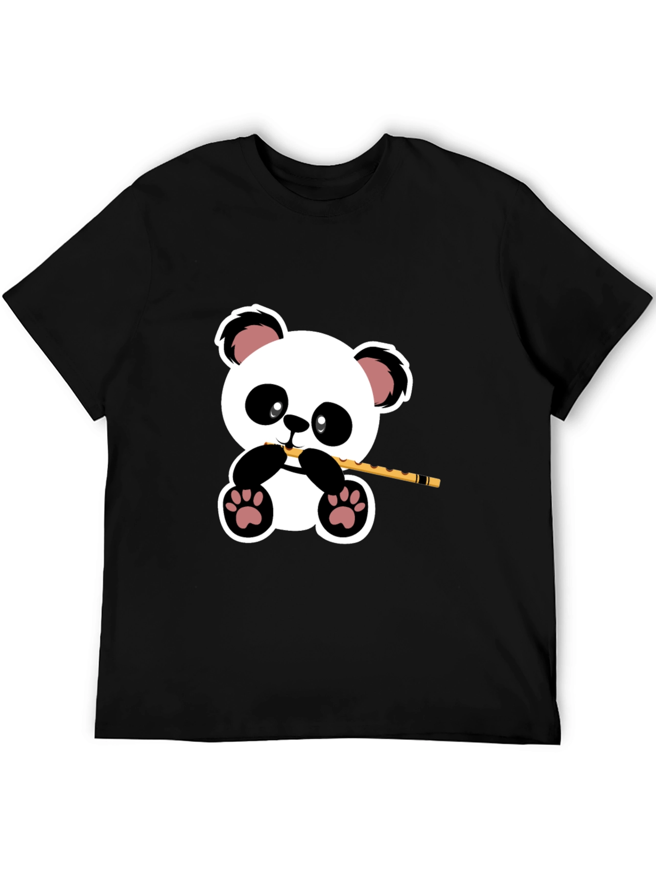 Panda Playing Flute Graphic T-Shirt - Black