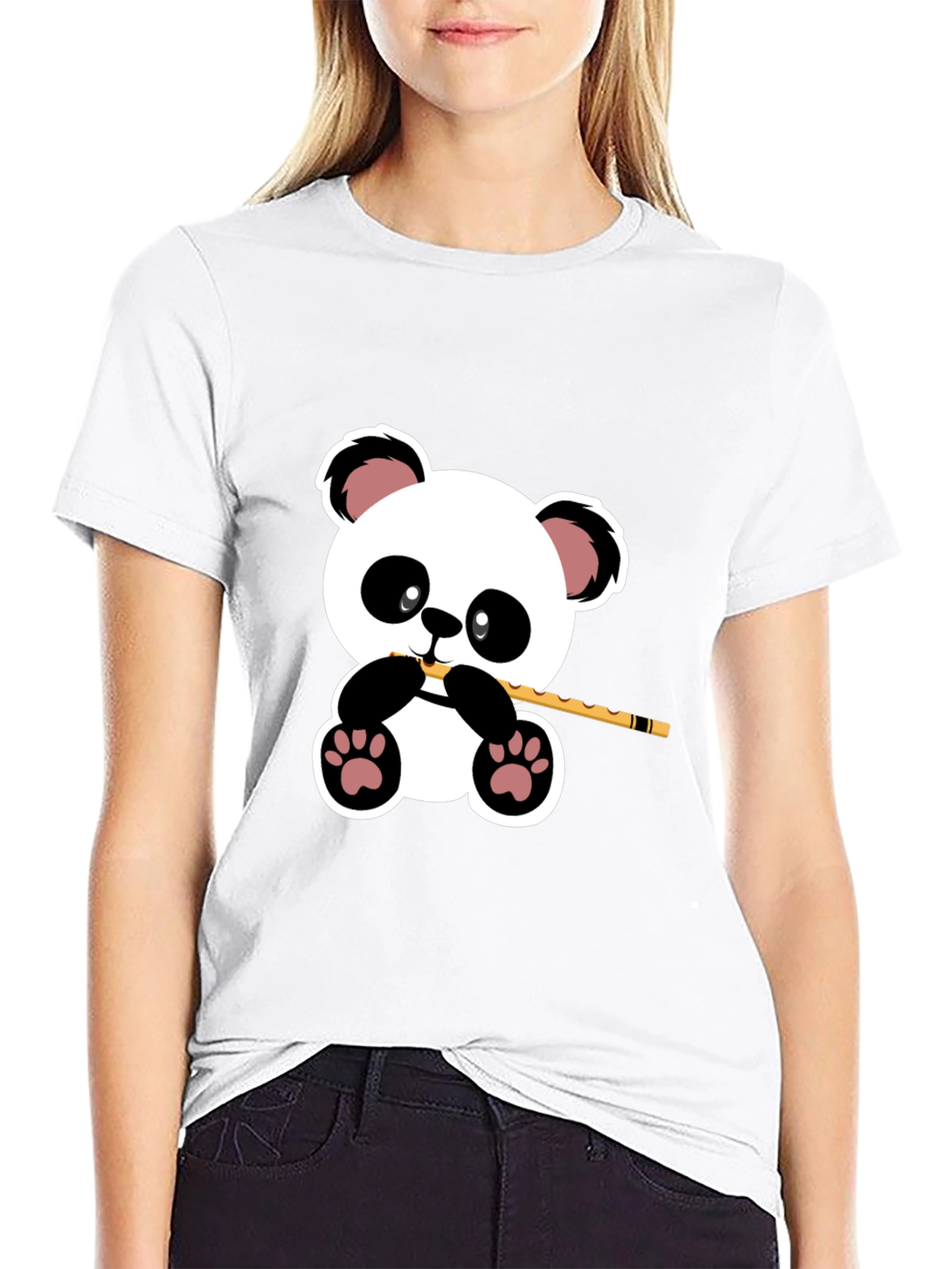 Panda Playing Flute Graphic T-Shirt - Black