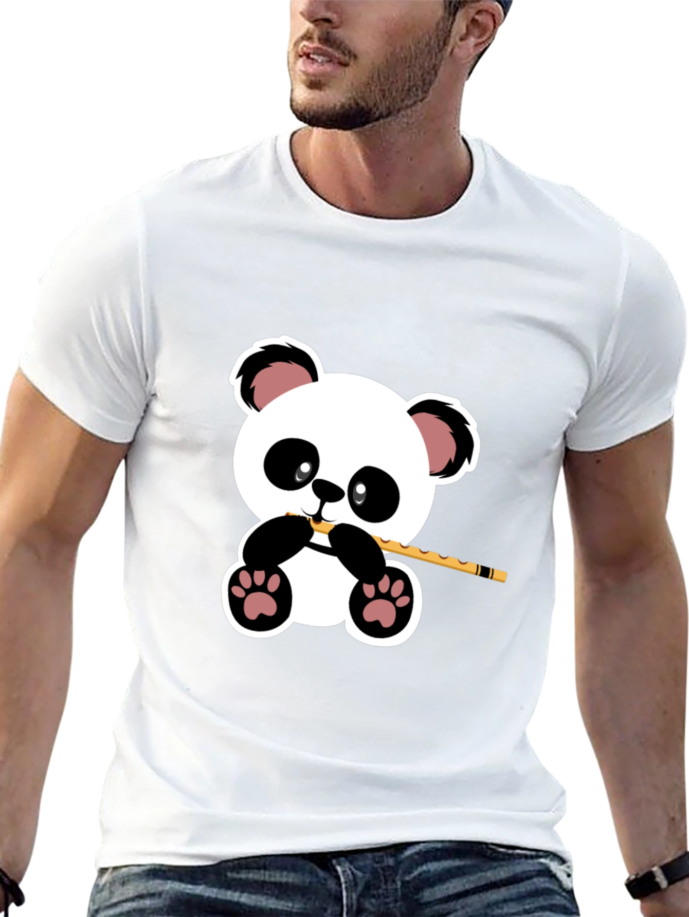 Panda Playing Flute Graphic T-Shirt - Black