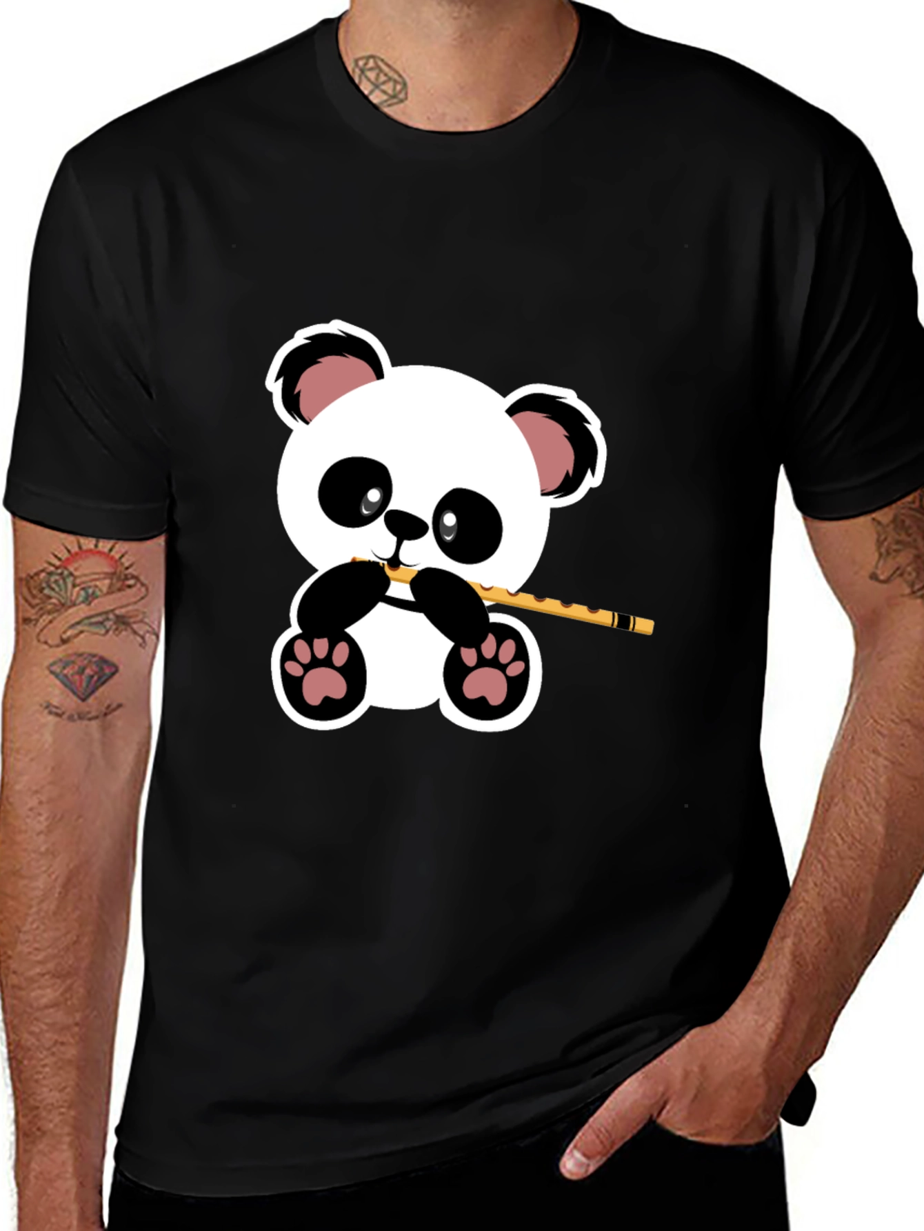 Panda Playing Flute Graphic T-Shirt - Black