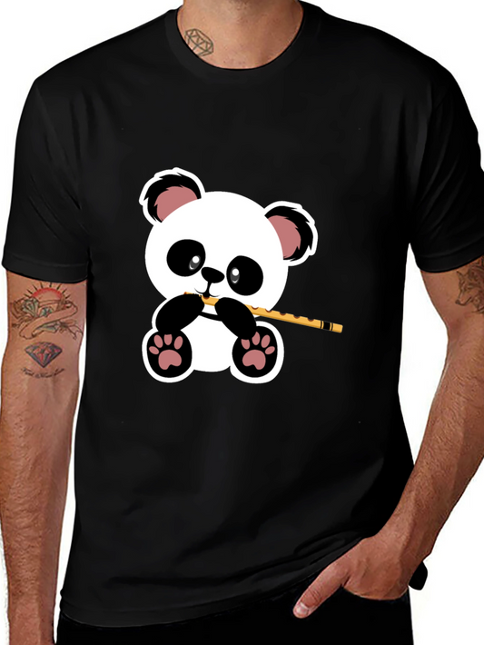 Panda Playing Flute Graphic T-Shirt - Black