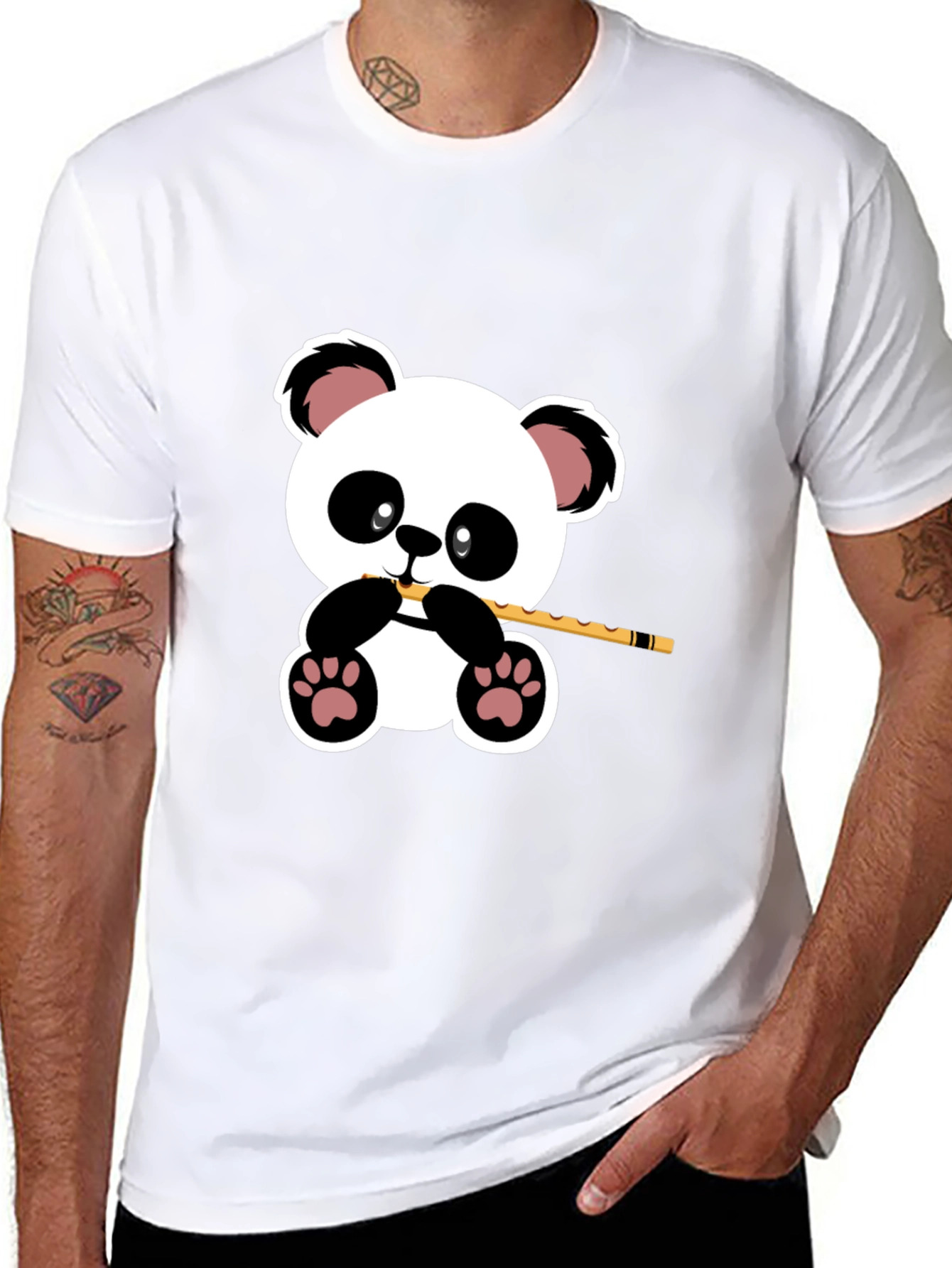 Panda Playing Flute Graphic T-Shirt - Black