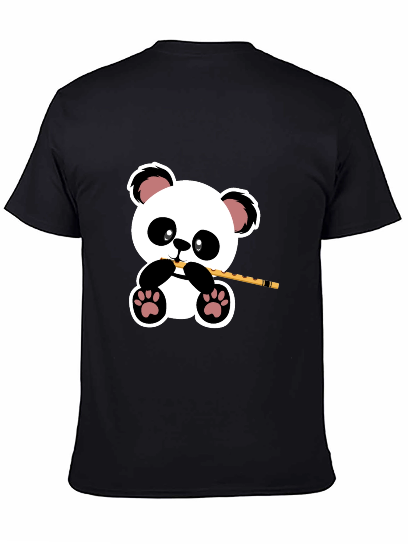 Panda Playing Flute Graphic T-Shirt - Black
