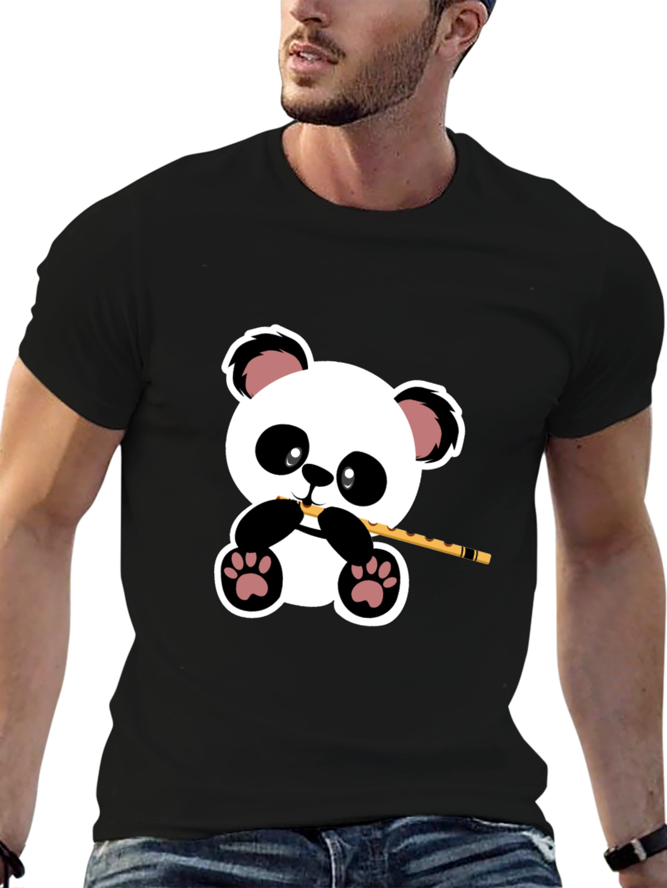 Panda Playing Flute Graphic T-Shirt - Black