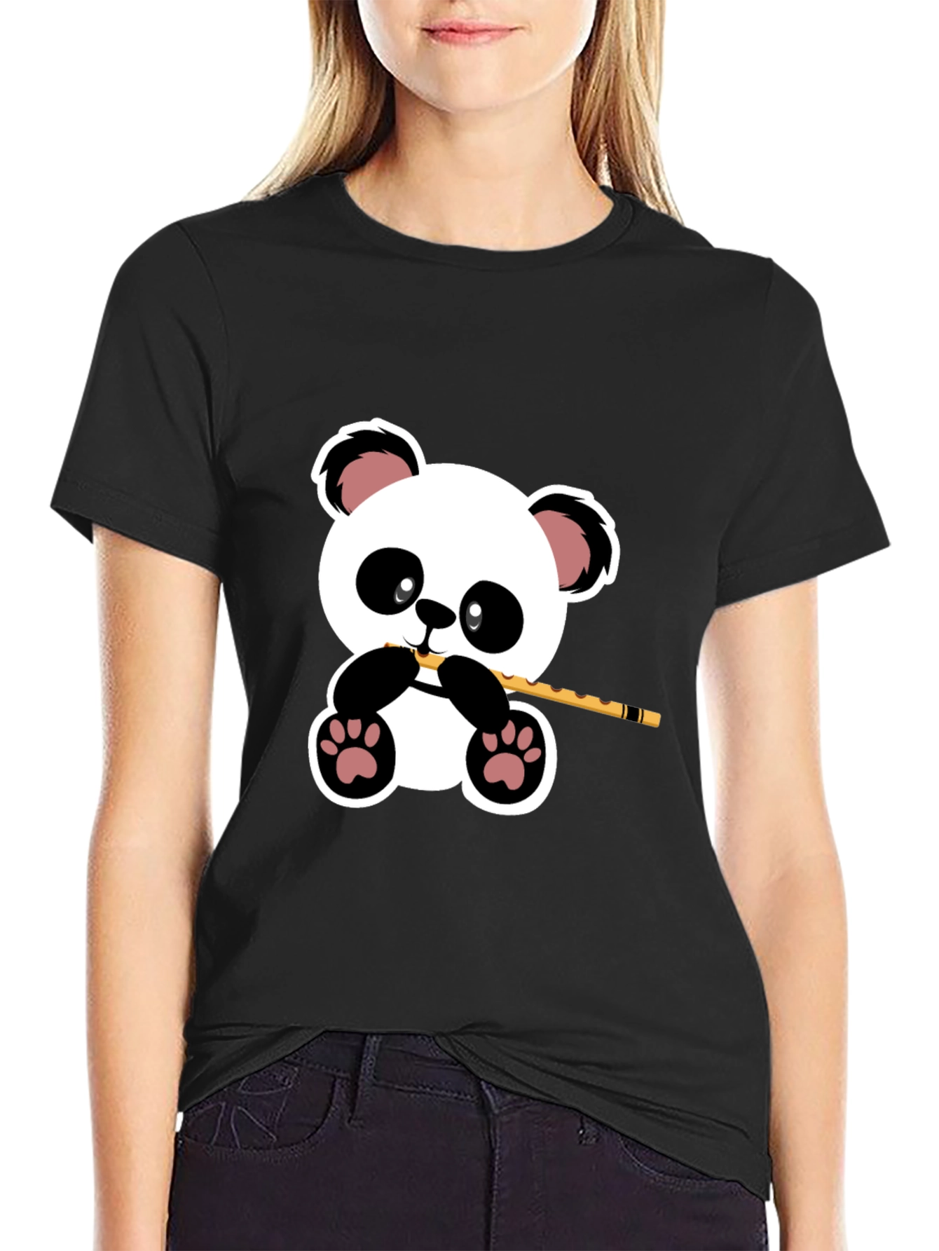 Panda Playing Flute Graphic T-Shirt - Black