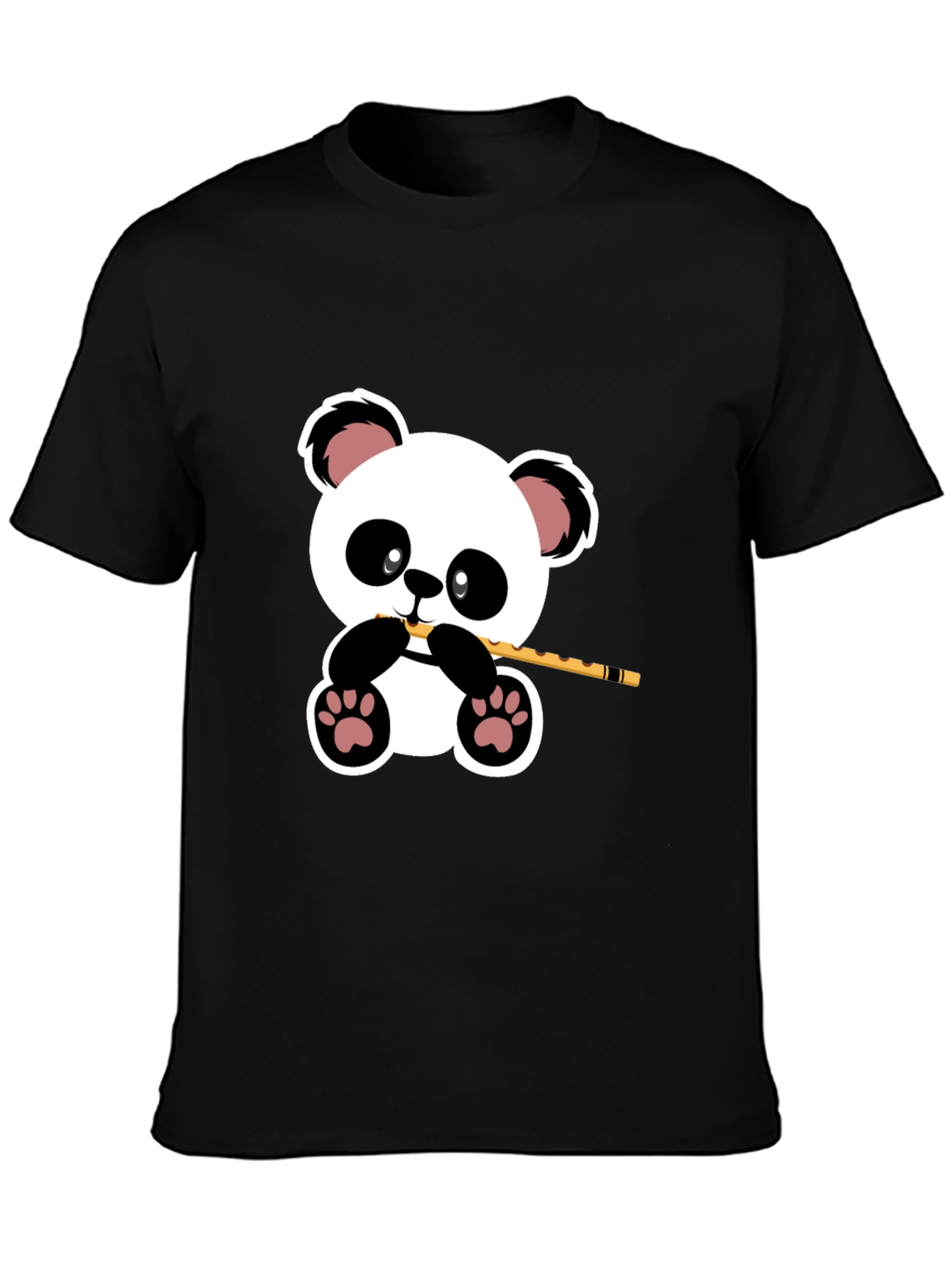 Panda Playing Flute Graphic T-Shirt - Black