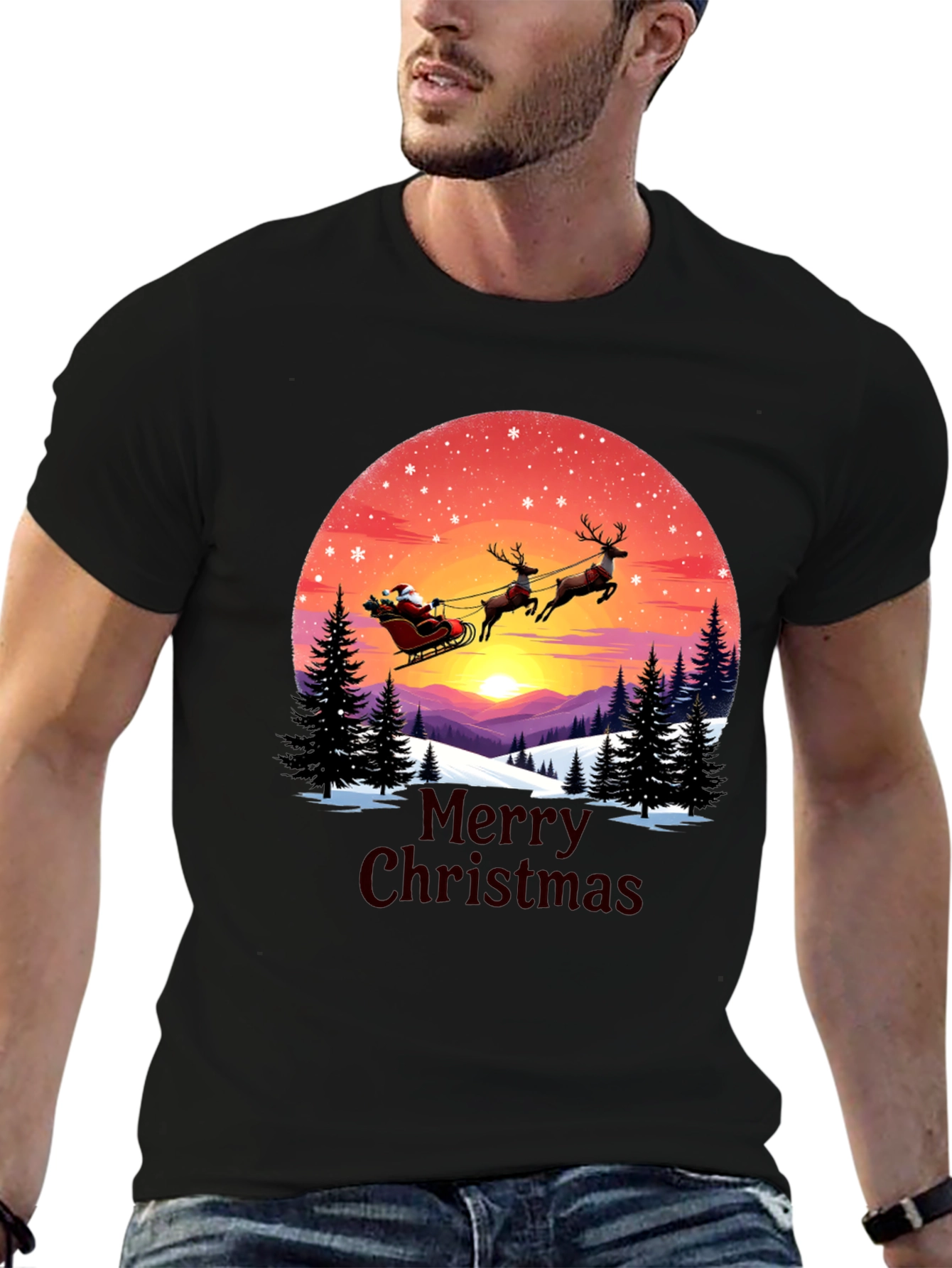 Merry Christmas Santa Sleigh Graphic Tee