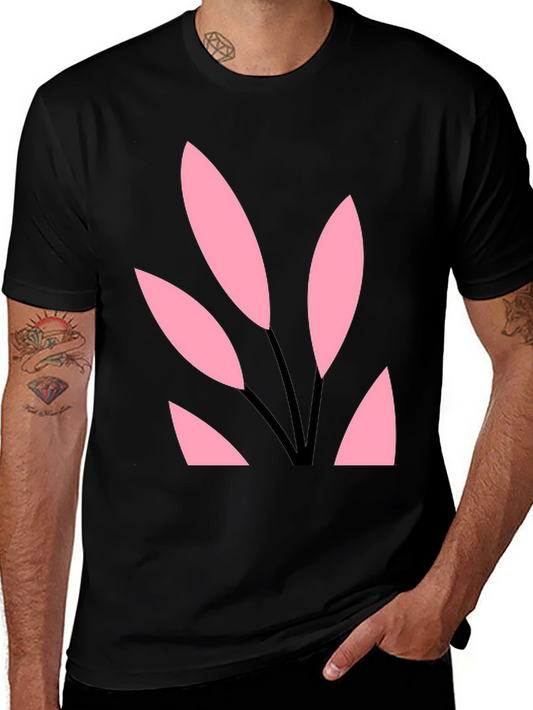 Black Tee with Abstract Pink Leaf Design