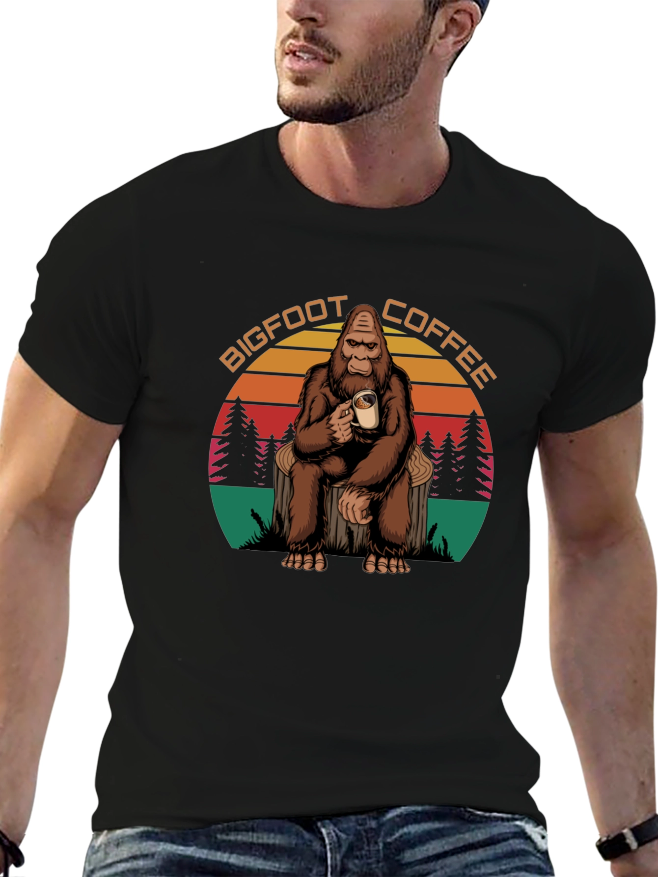 Bigfoot Coffee Graphic Tee - Sasquatch Drinking Coffee T-Shirt