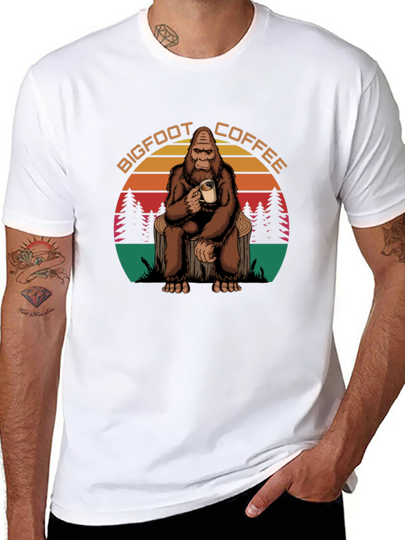 Bigfoot Coffee Graphic Tee - Sasquatch Drinking Coffee T-Shirt