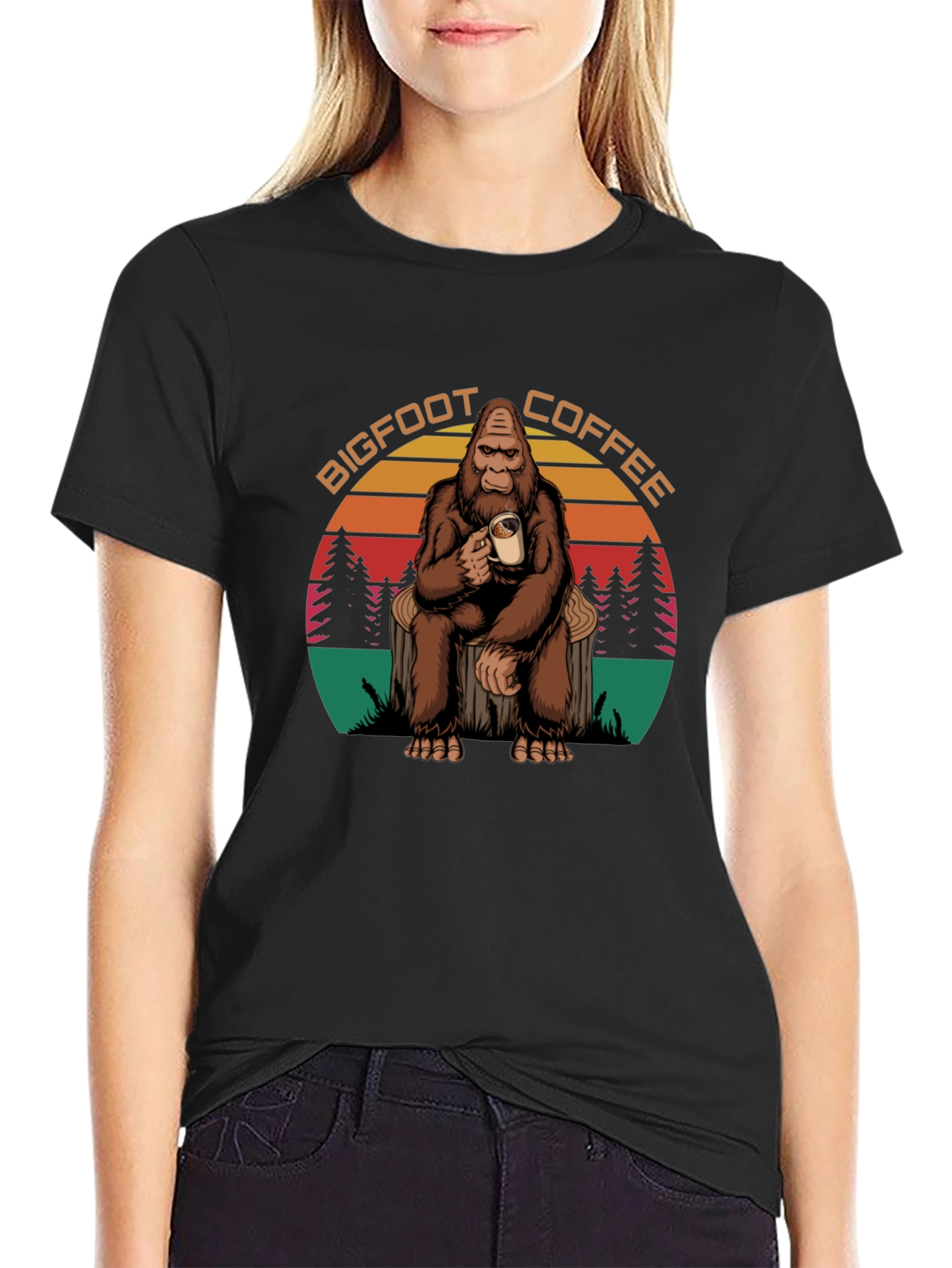 Bigfoot Coffee Graphic Tee - Sasquatch Drinking Coffee T-Shirt