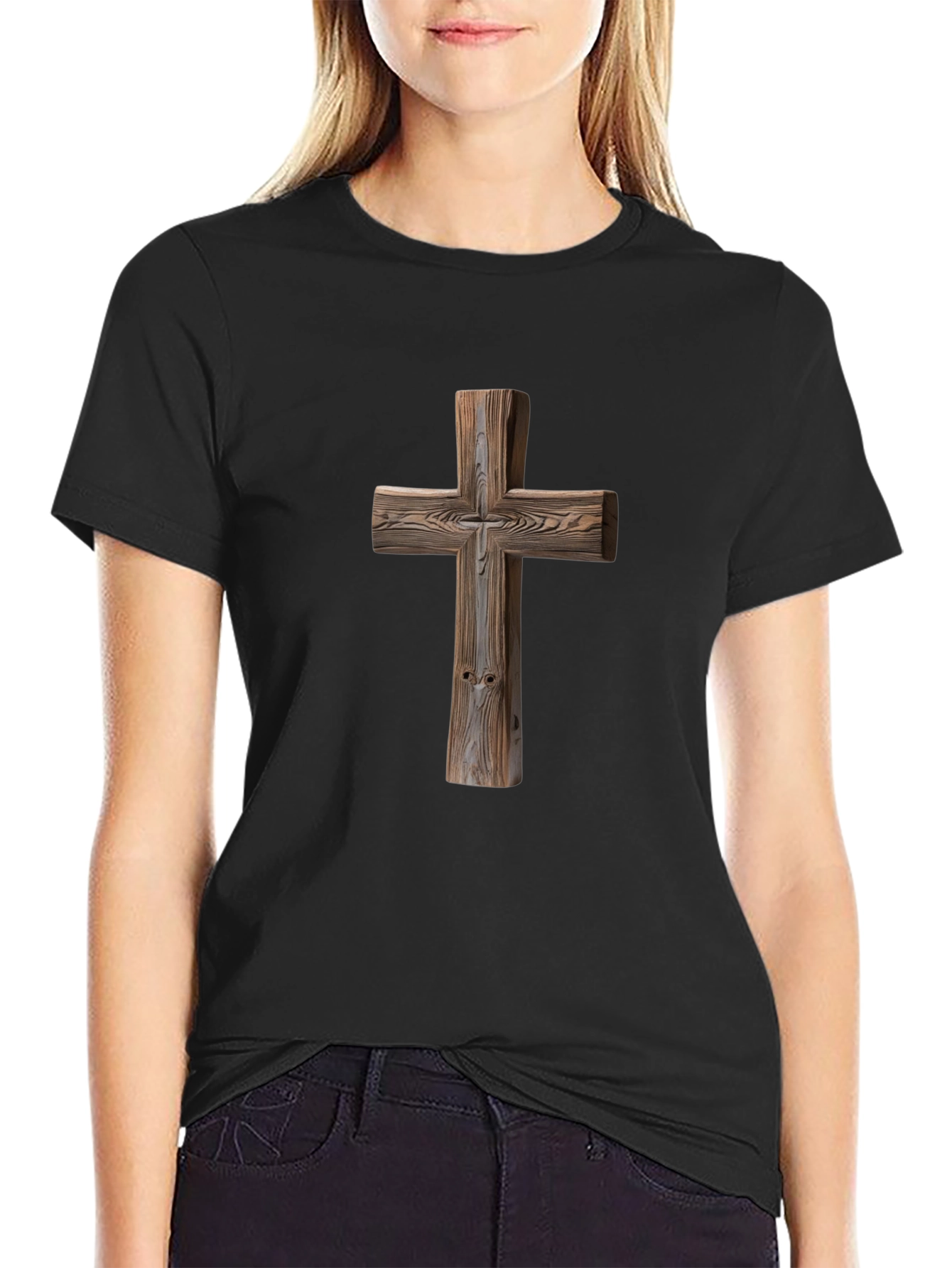 Wooden Cross Graphic Tee - Faith Inspired Shirt