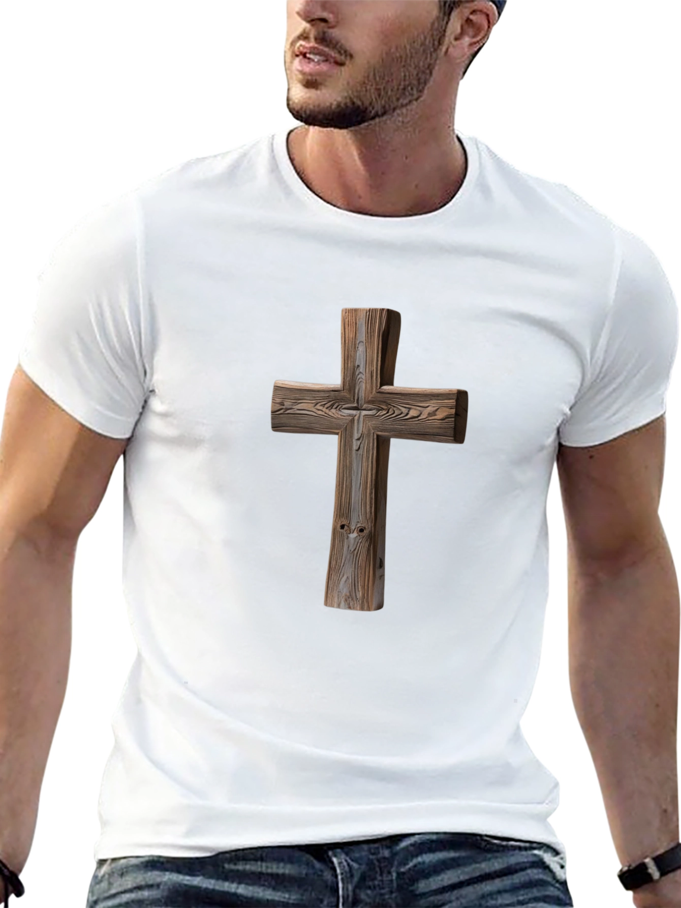 Wooden Cross Graphic Tee - Faith Inspired Shirt