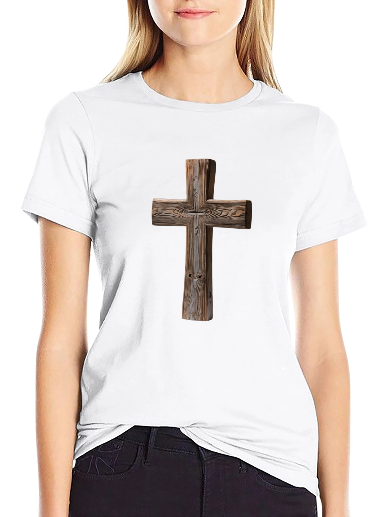 Wooden Cross Graphic Tee - Faith Inspired Shirt