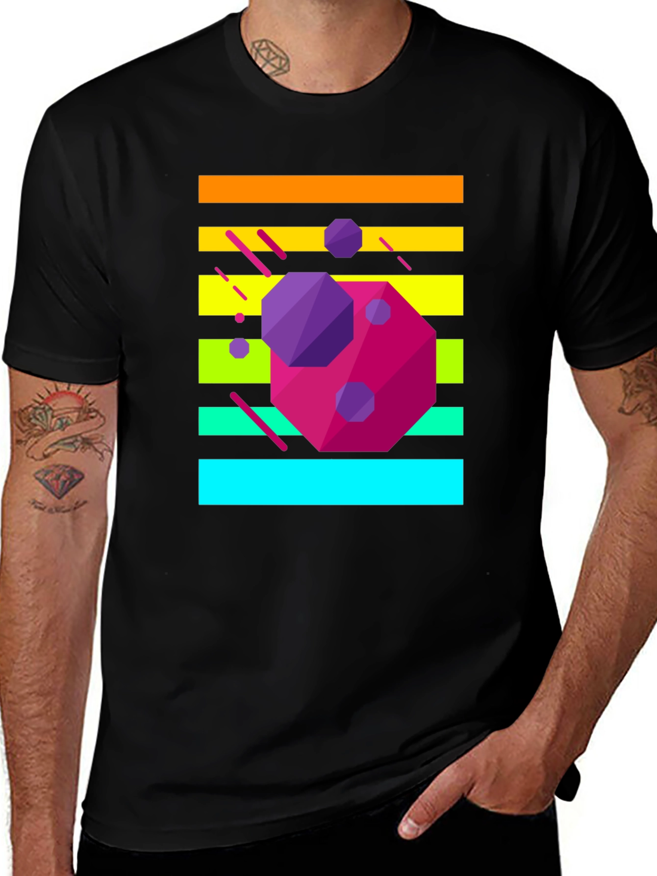 Retro Geometric Graphic Tee - Black