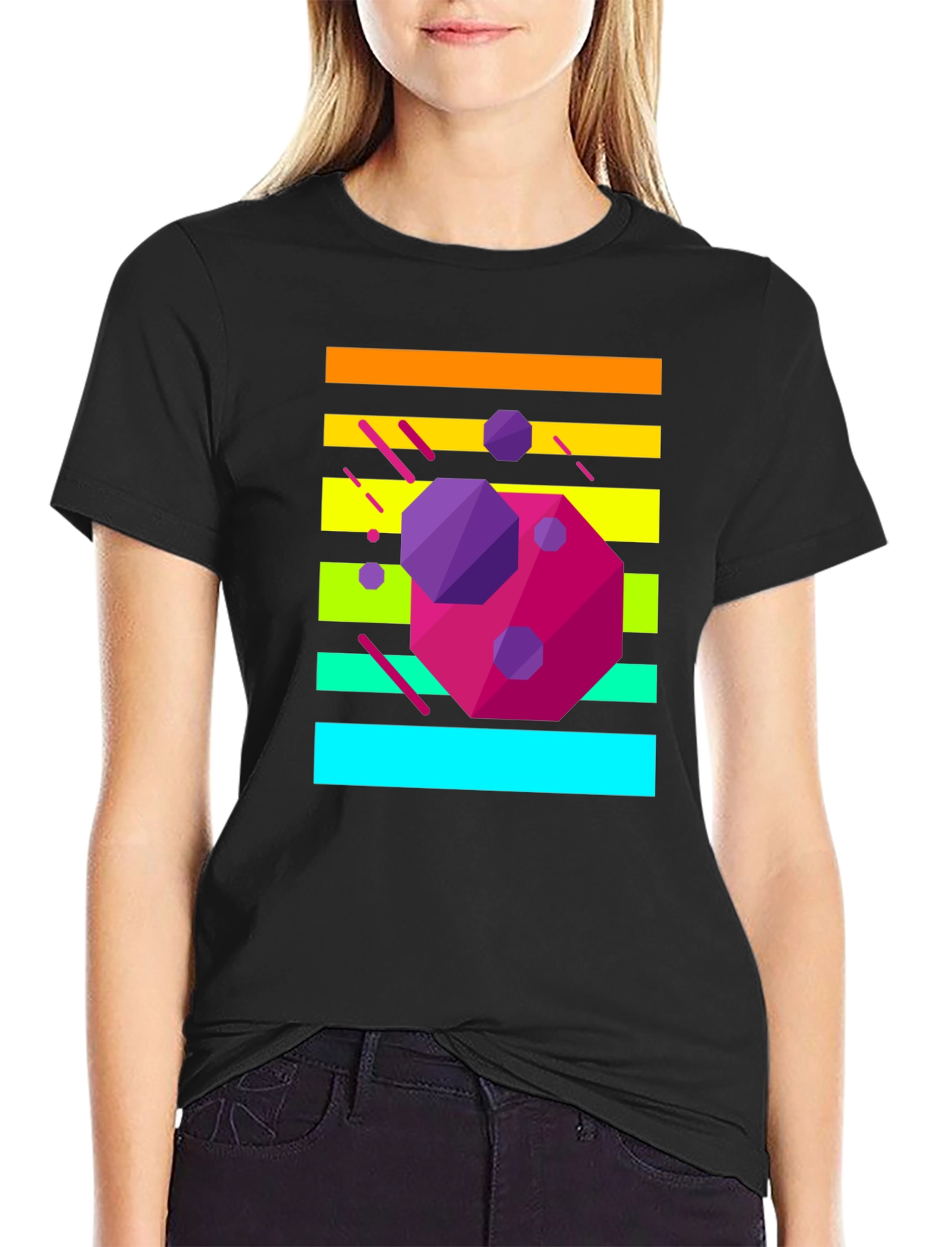 Retro Geometric Graphic Tee - Black