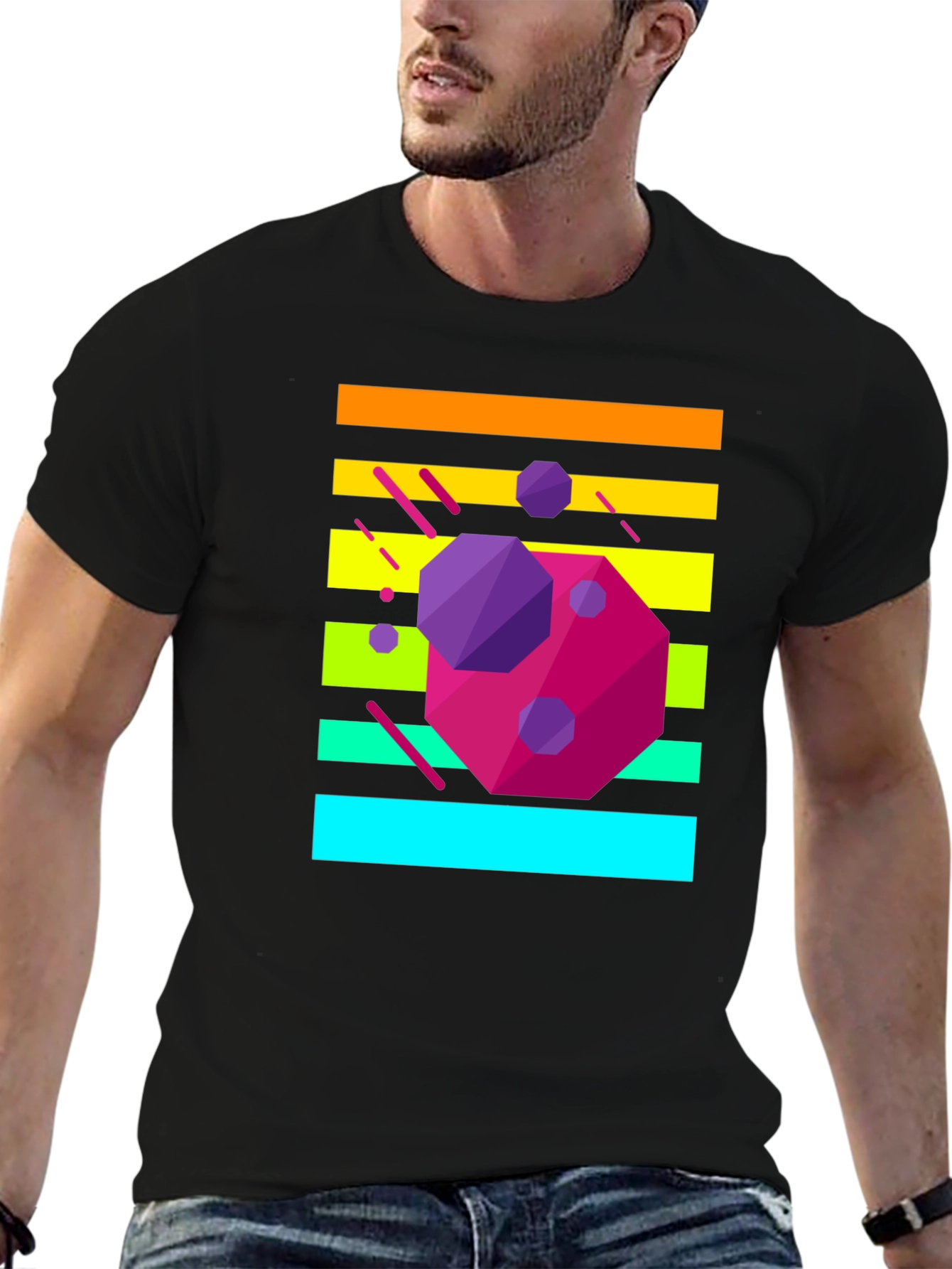 Retro Geometric Graphic Tee - Black